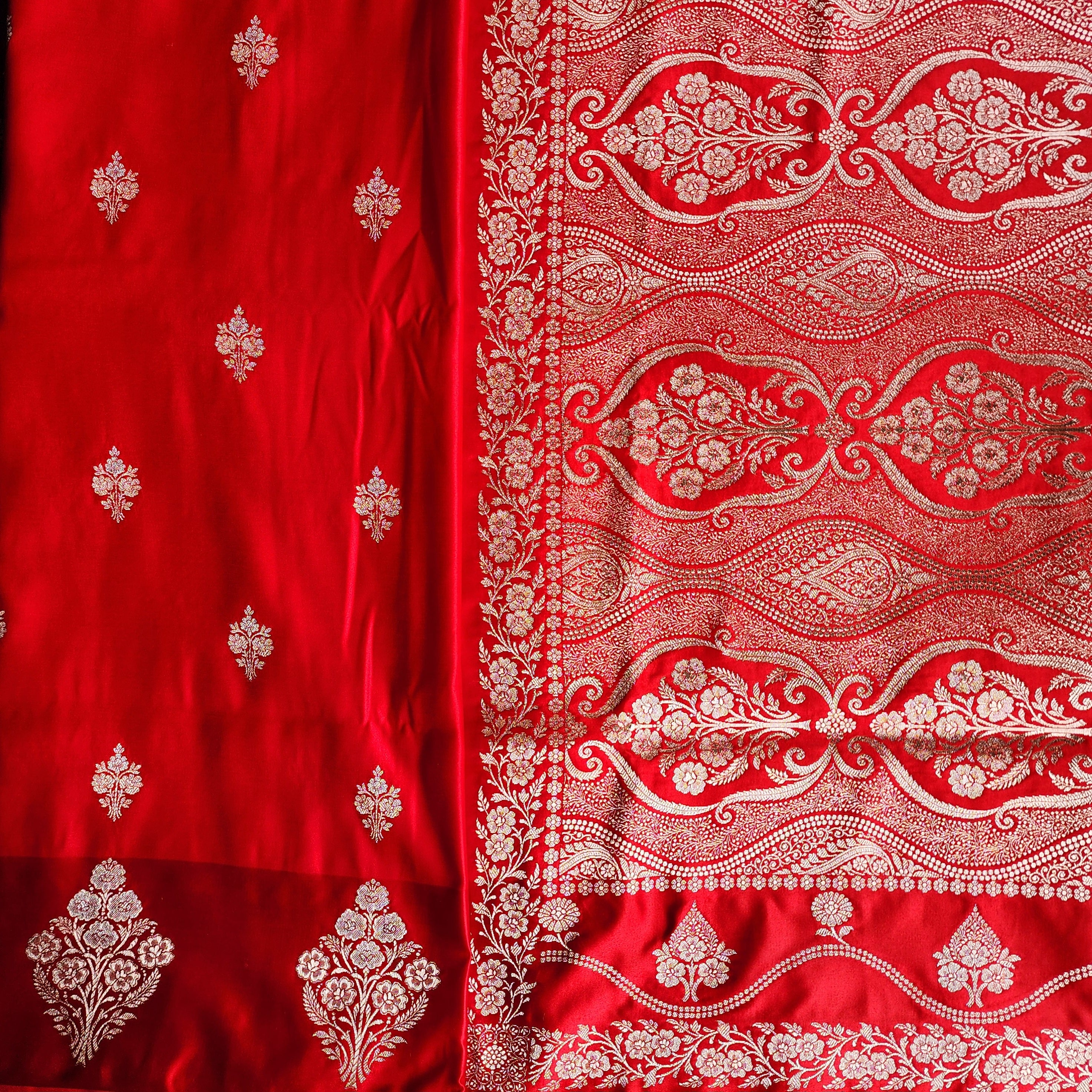 Dual-Tone Bright Red Pure Banarasi Katan Silk Saree