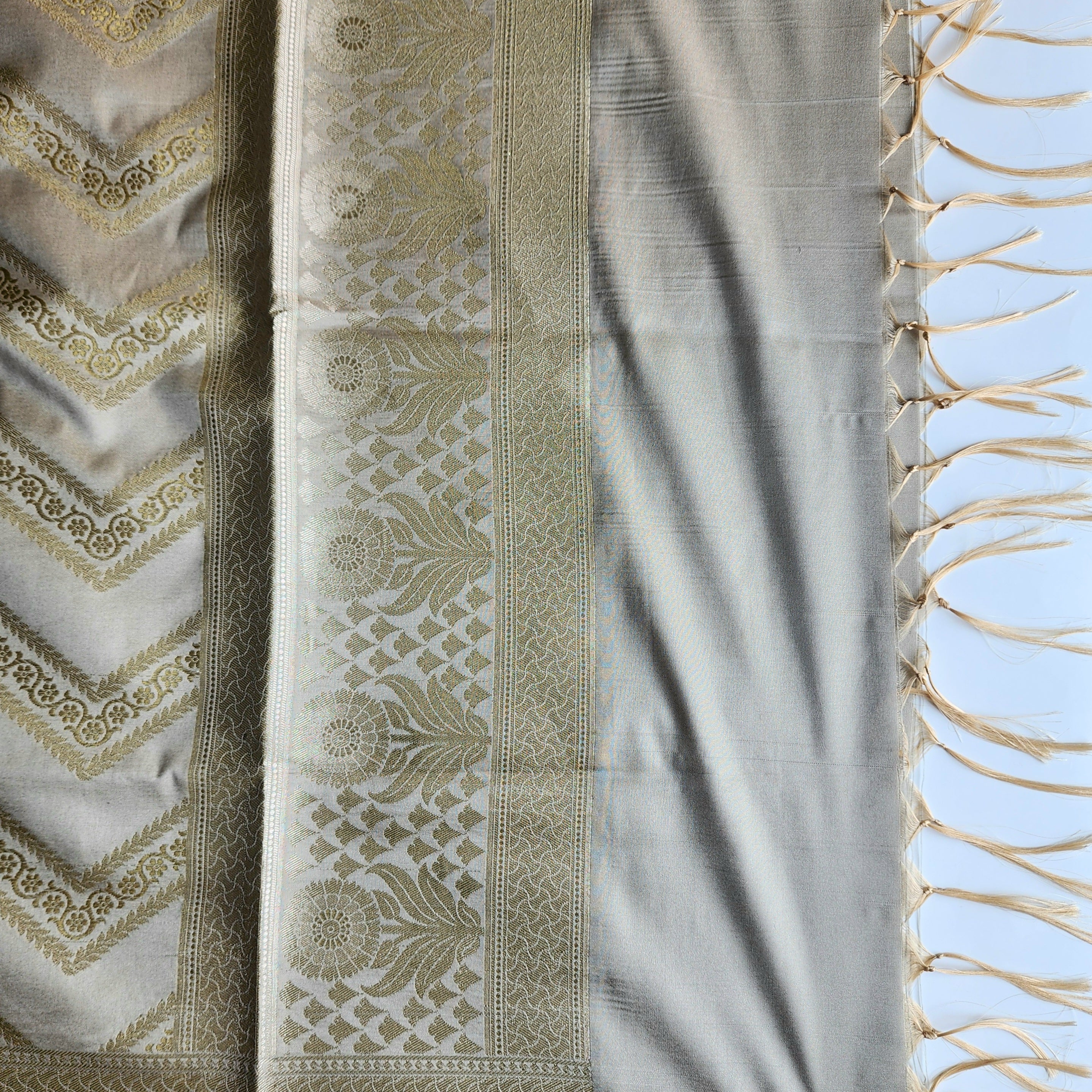 Dove Grey Banarasi Dupatta with Golden Zigzag Pattern