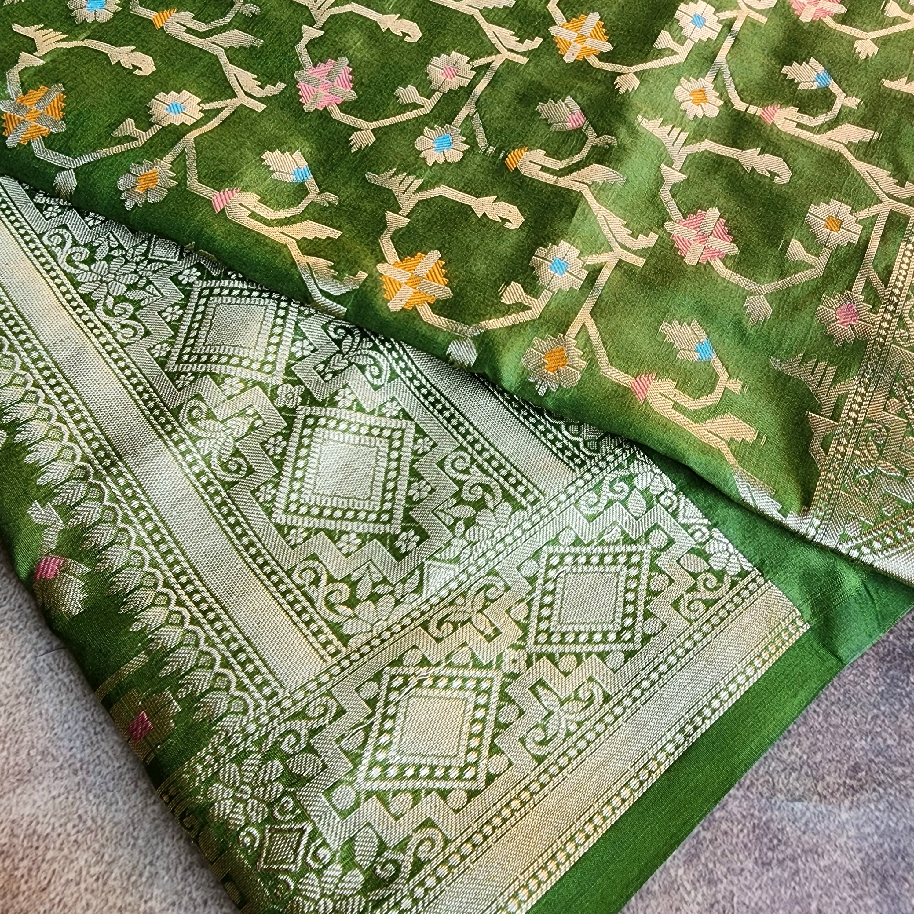 Golden Grid Banarasi Silk Dupatta with Meenakari Work in Mehendi Green