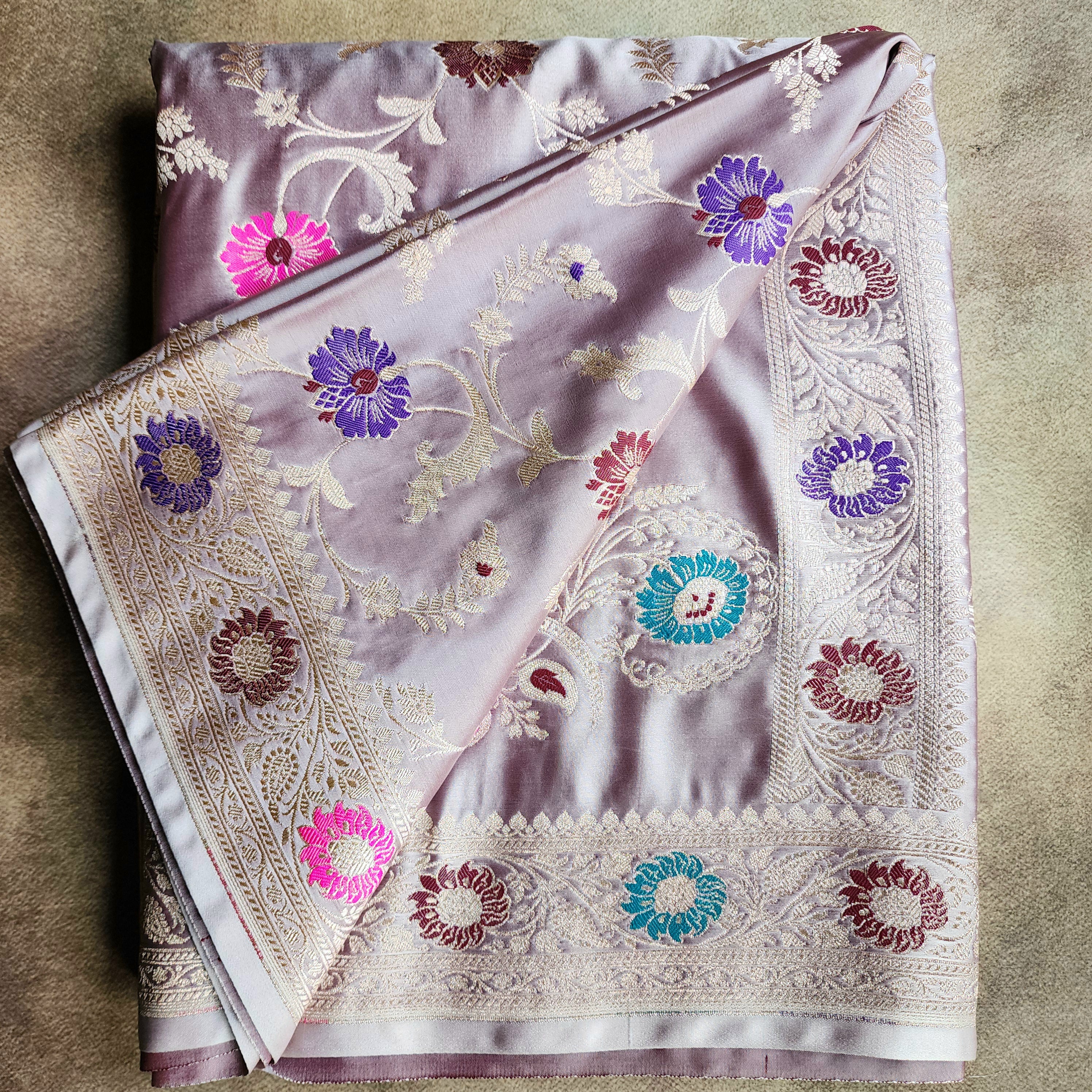 Enriched Banarasi Katan Silk Saree | Lavender Mist Multicolor Meenakari Floral Jaal