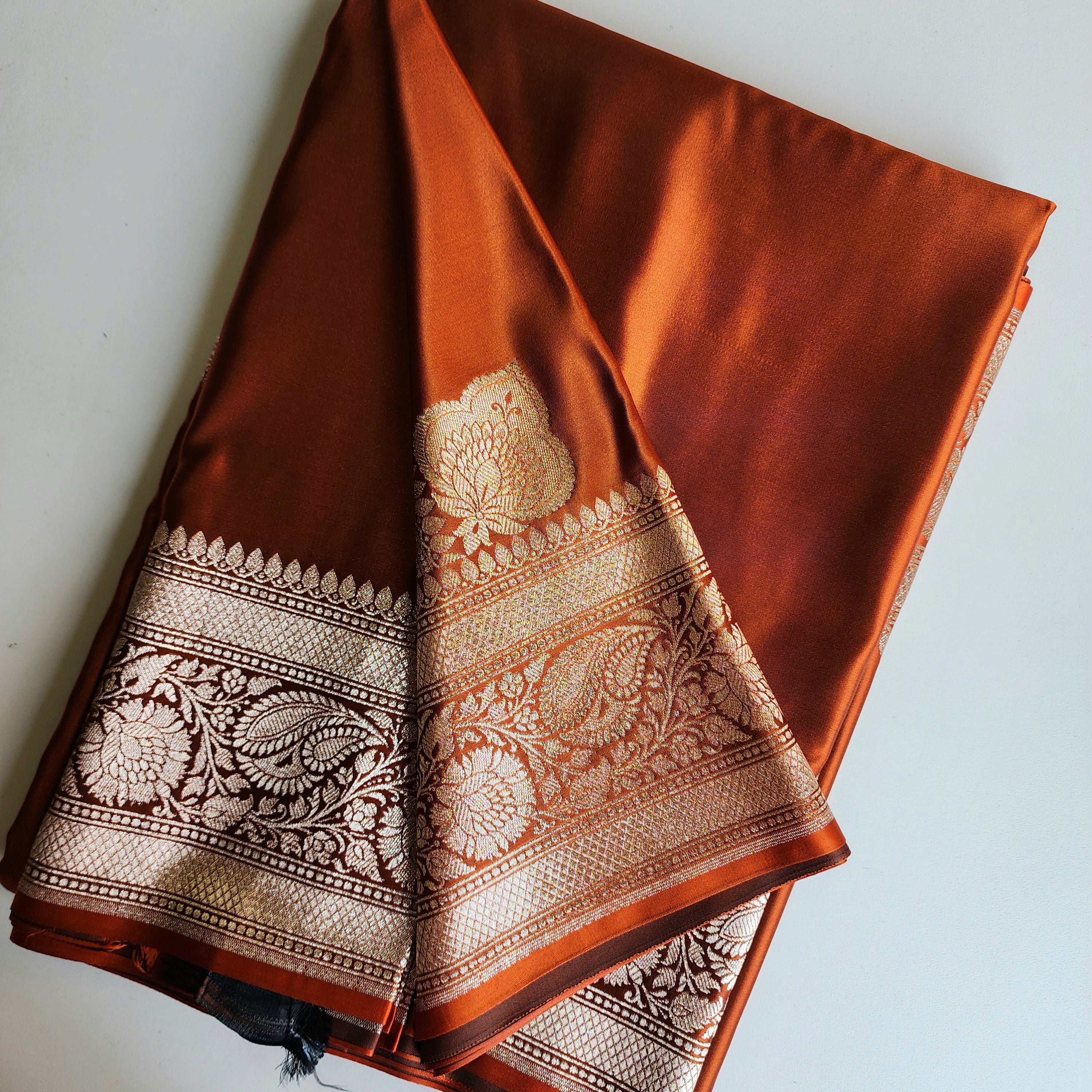 Rich Burnt Copper Pure Banarasi Katan Silk Saree with light Gold Zari Weaving