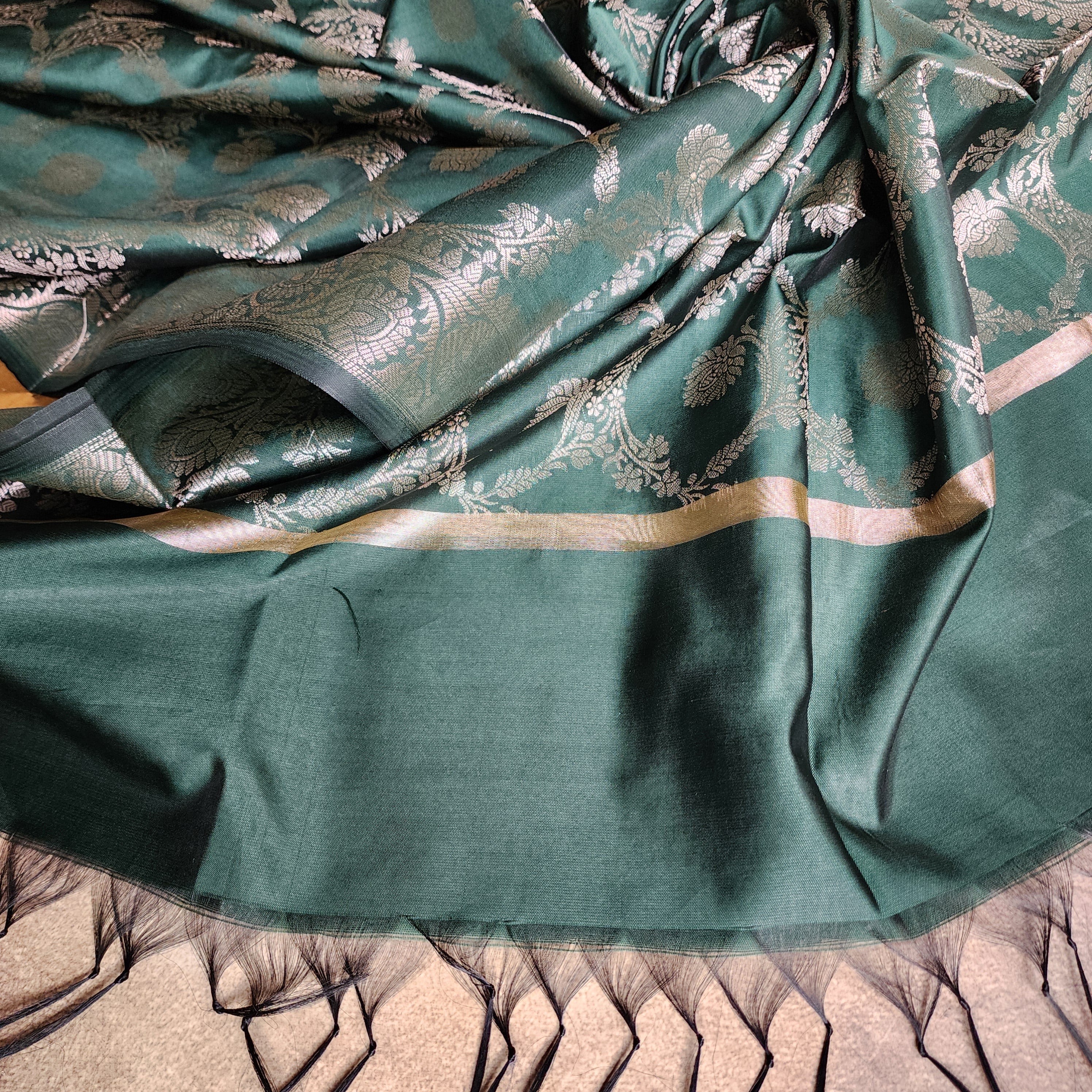Emerald Green Semi Silk Zari Dupatta