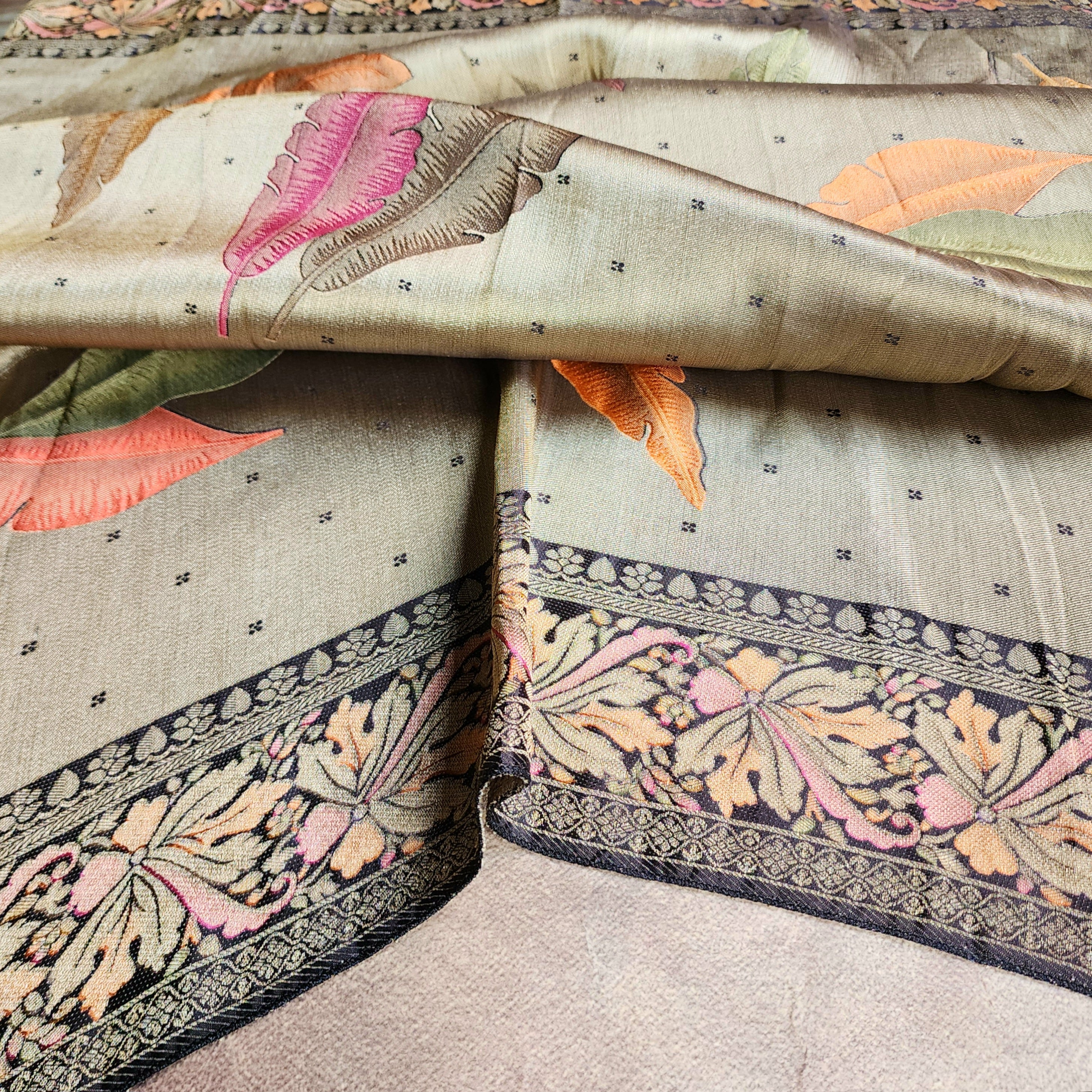Dove Grey Tissue Silk Saree with Artistic Leaf Motifs