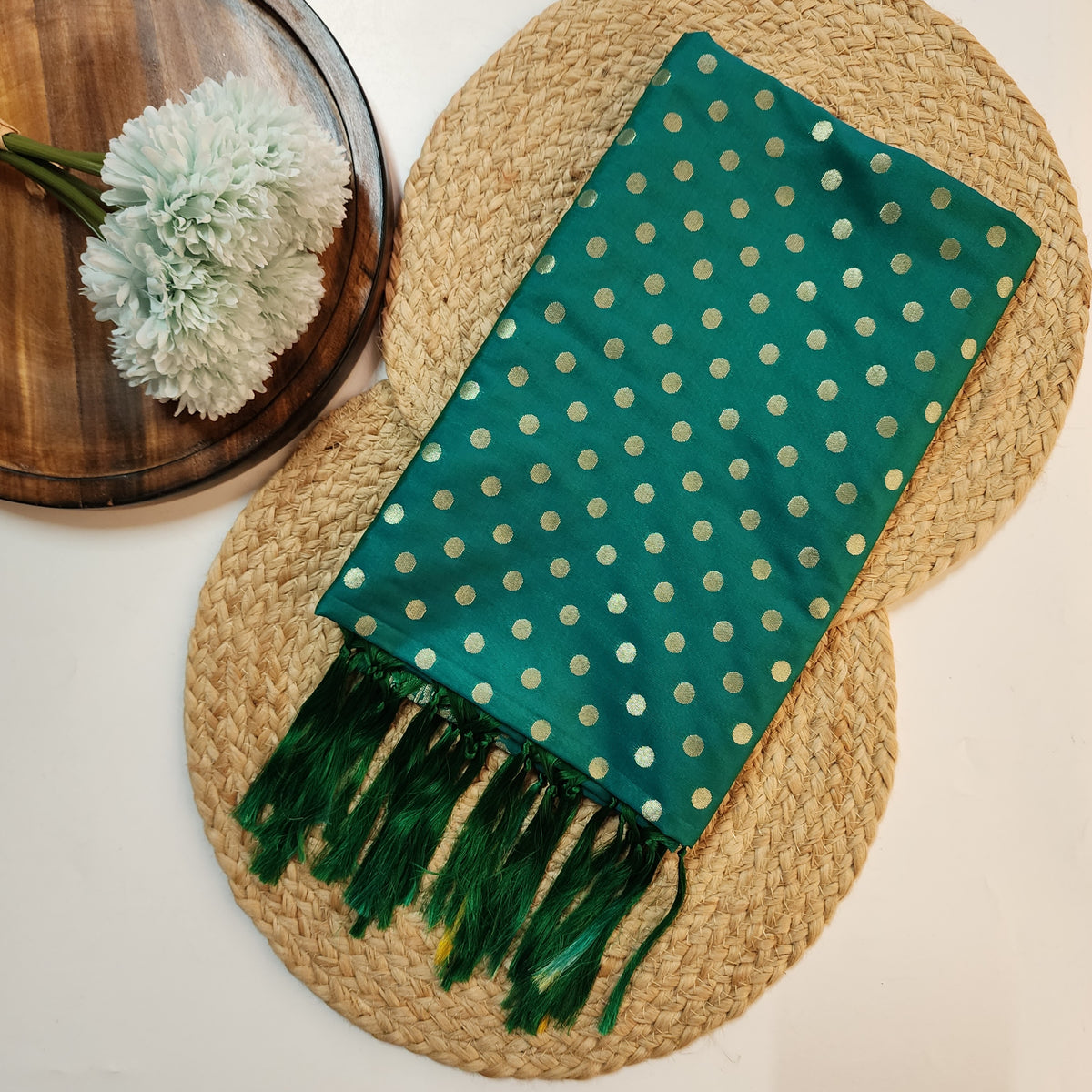 Teal Green Banarasi Silk Dupatta with Gold Polka Dot