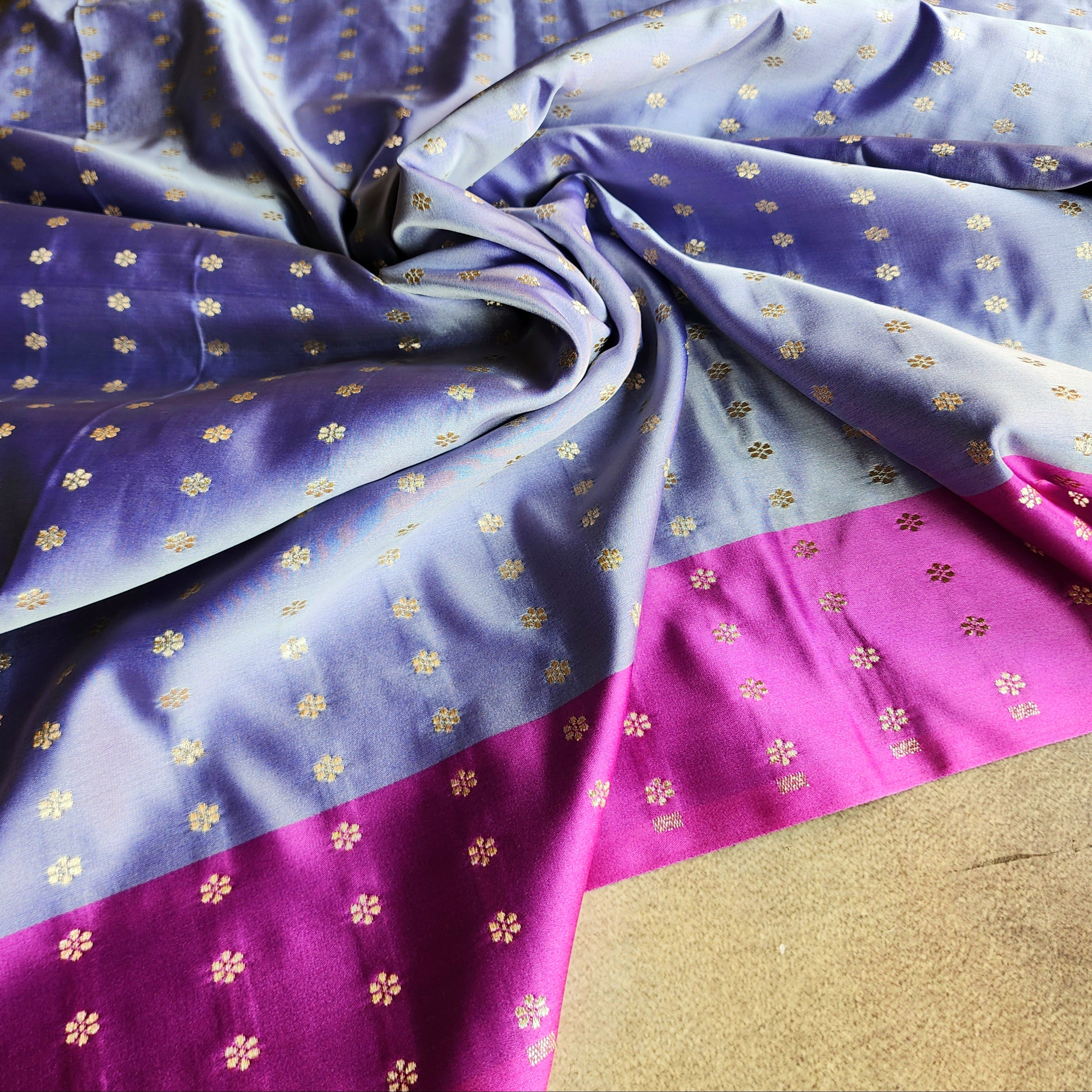 Pastel Purple Katan Silk Saree with Magenta Gold Zari Border