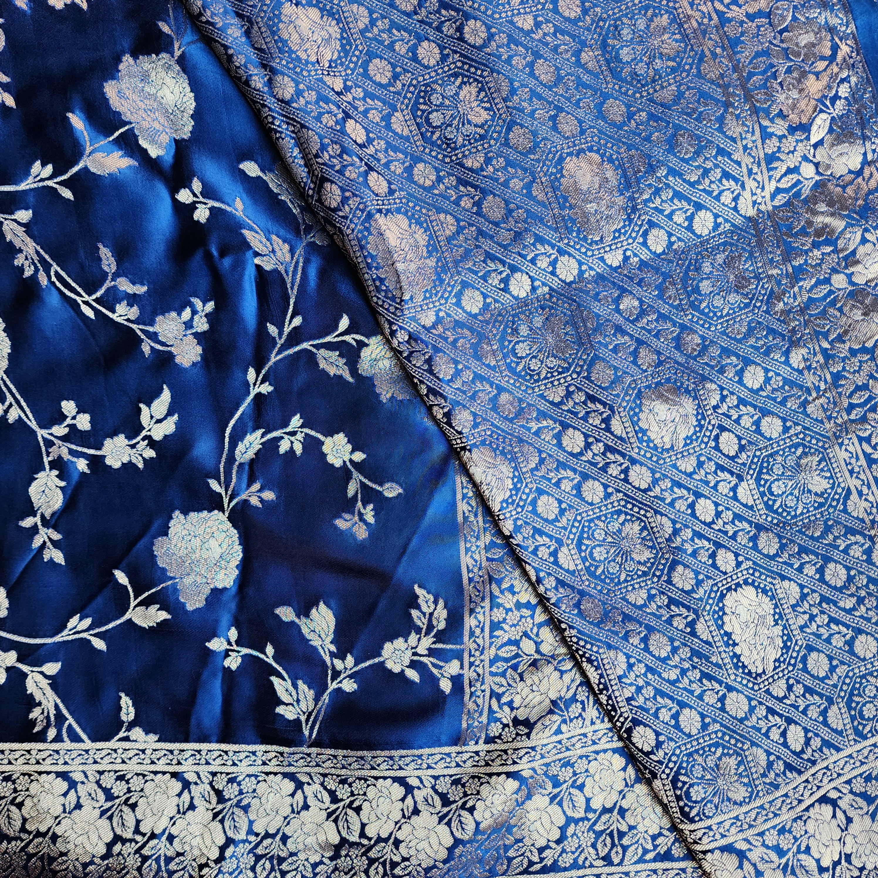 Royal Blue Muslin Silk Saree with Silver Zari Work