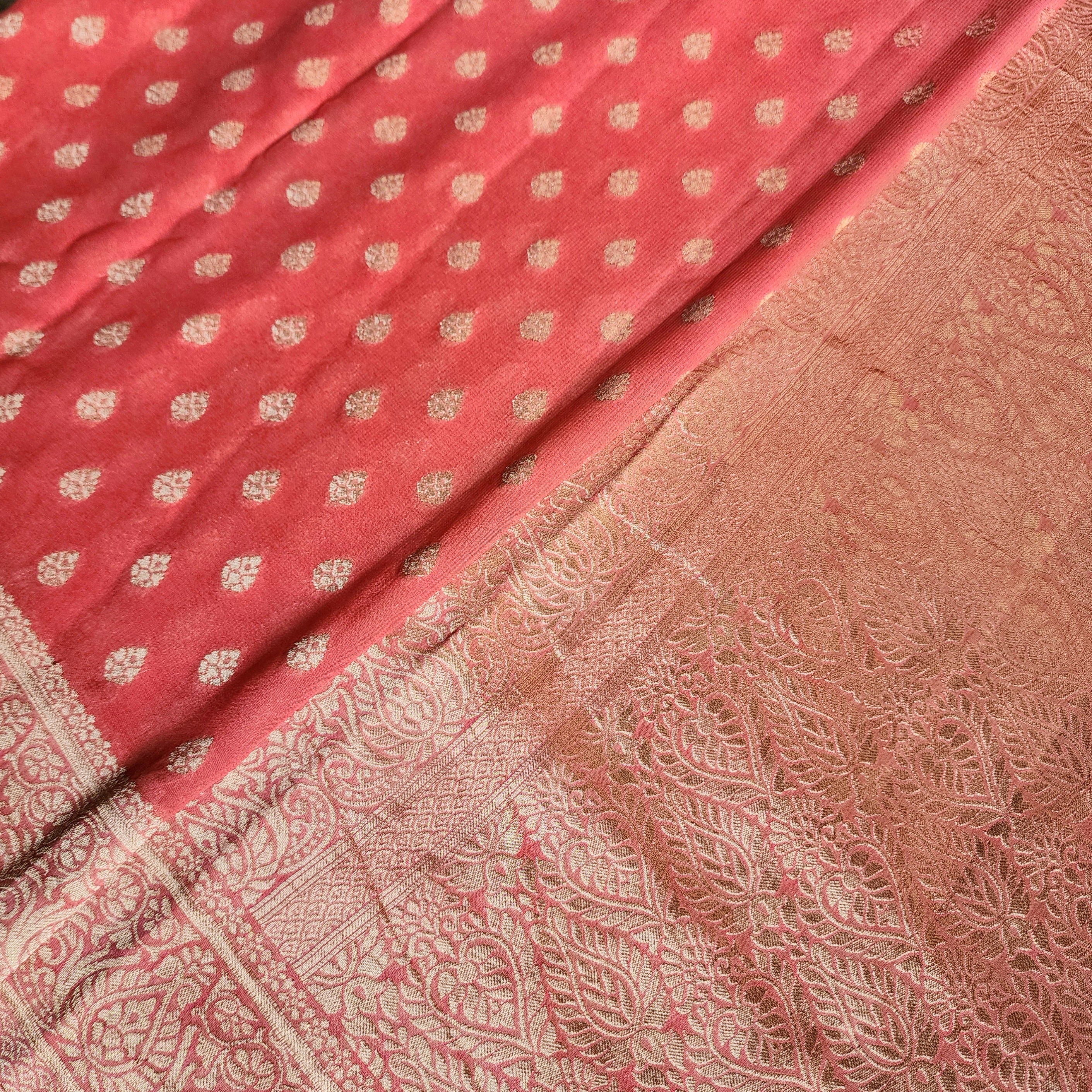 Peach Khaddi Georgette Pure Banarasi Saree with Golden Zari