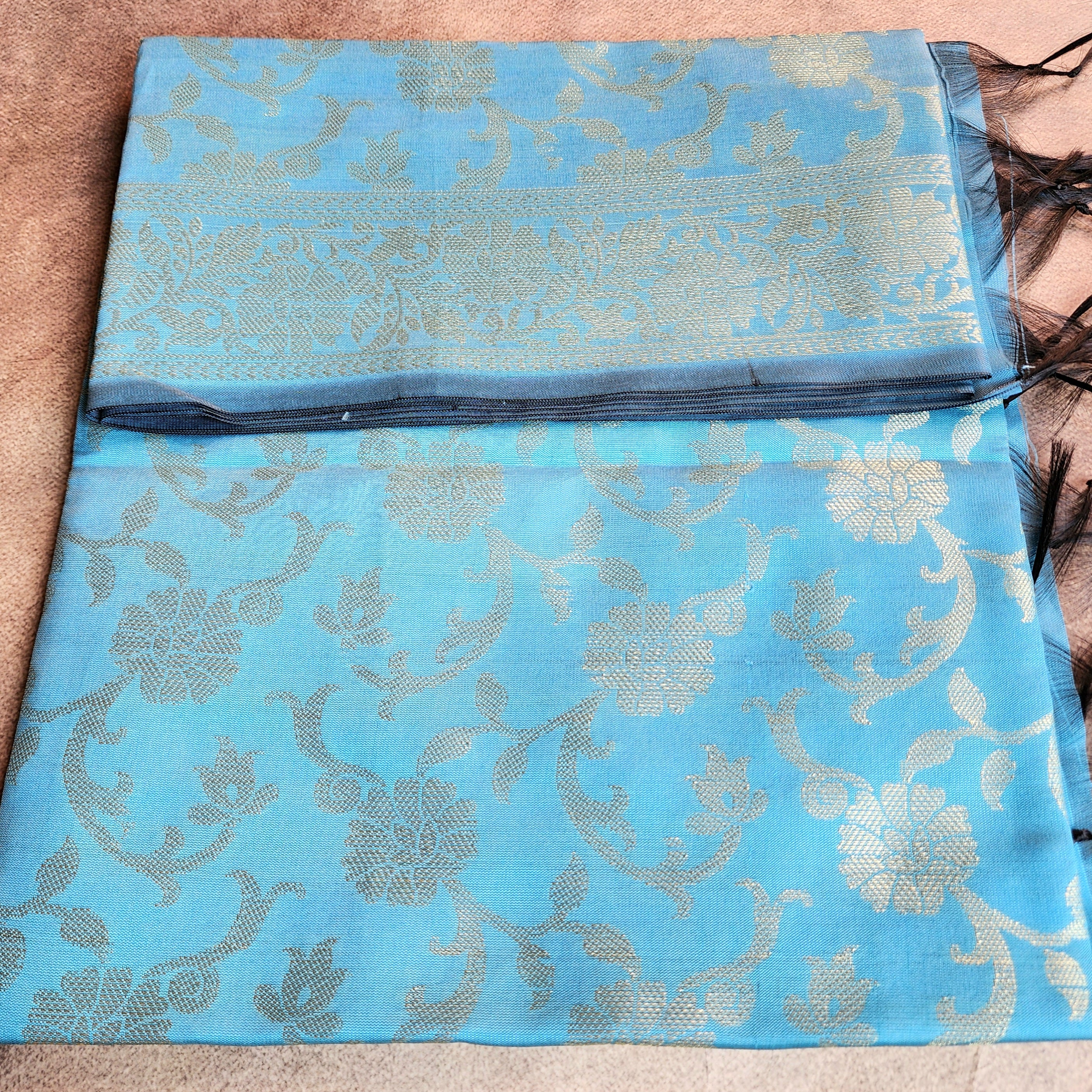 Aqua Blue Banarasi Tapetta Silk Dupatta with Gold Floral Weave
