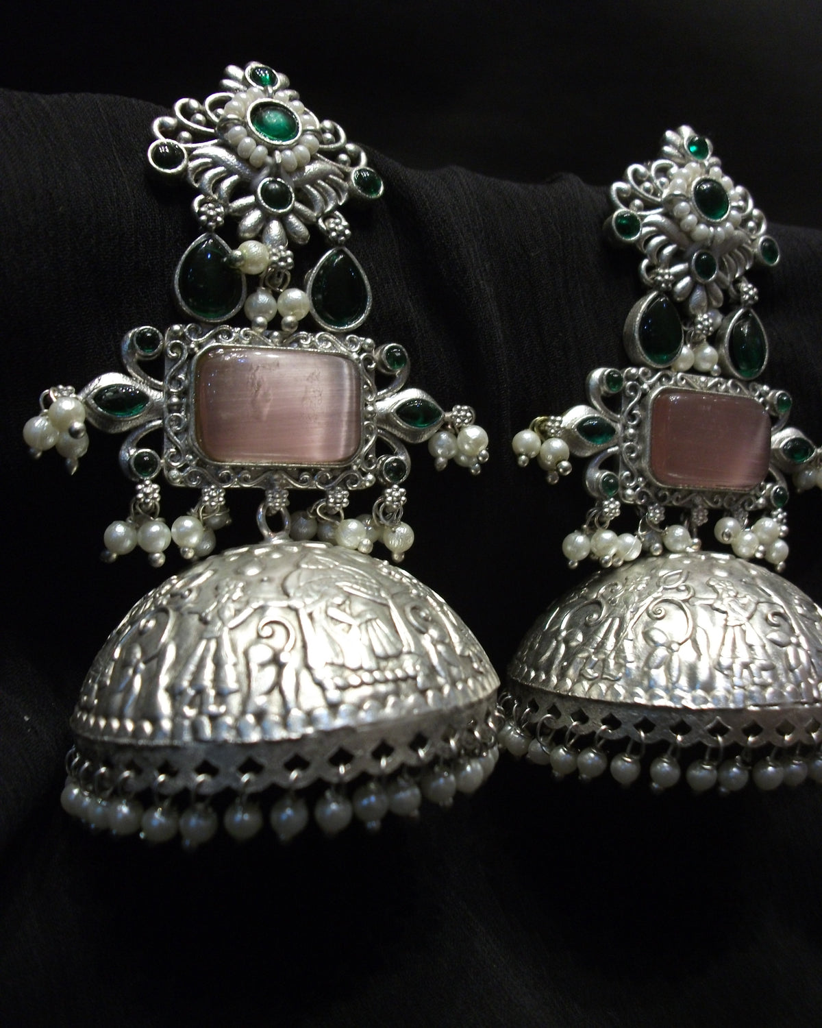 Antique Rectangular Blush Pink Cabochon Jhumka Earrings