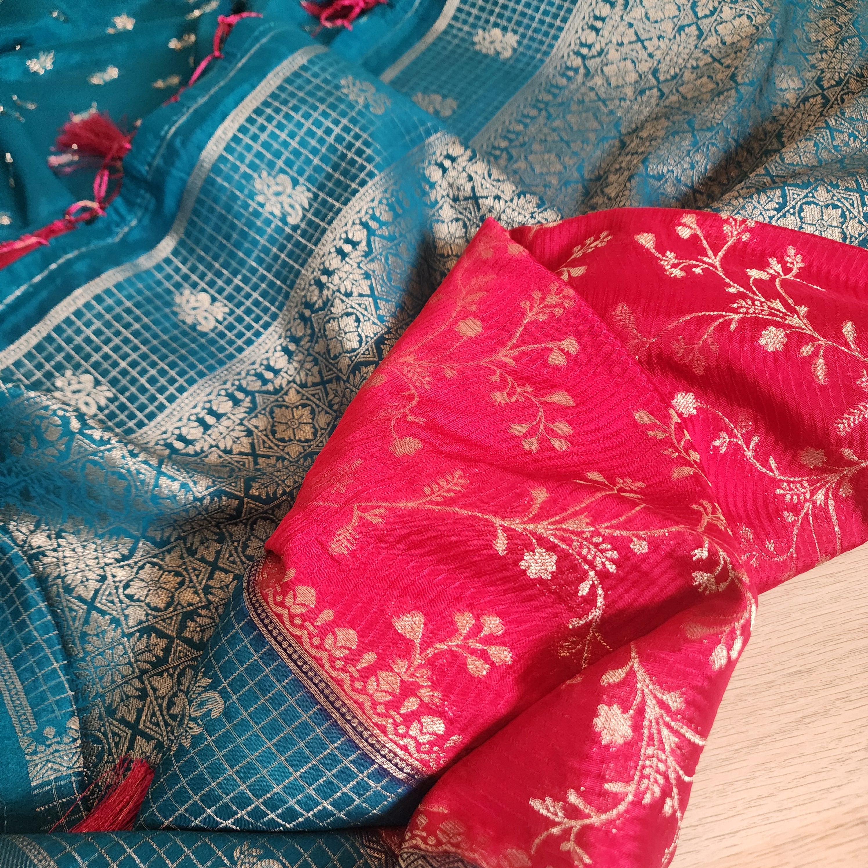 Banarasi Georgette Saree in Luxe Red & Teal with Gold Zari Work