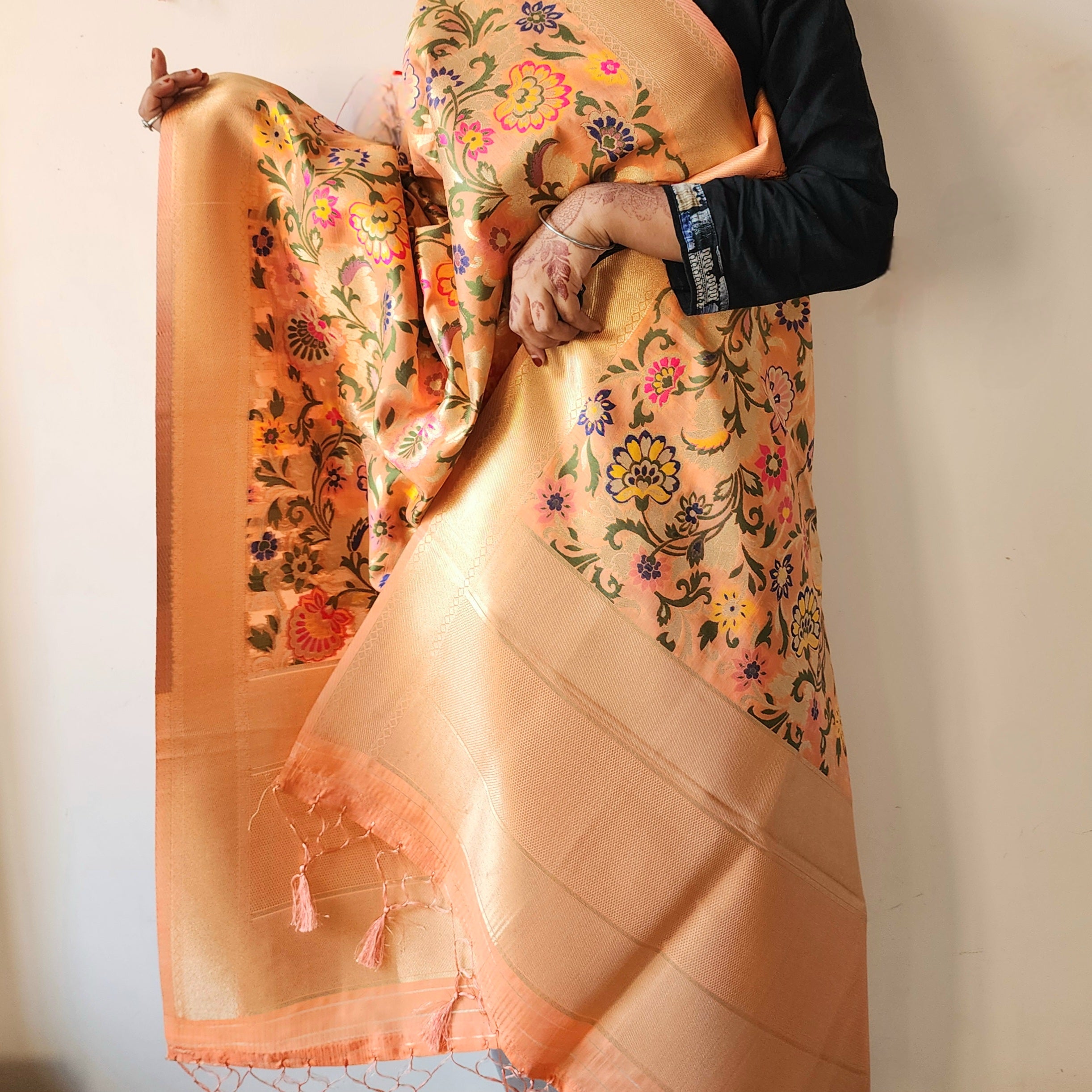 Banarasi Silk Peach Dupatta with Multicolor & Gold Floral Handweaving