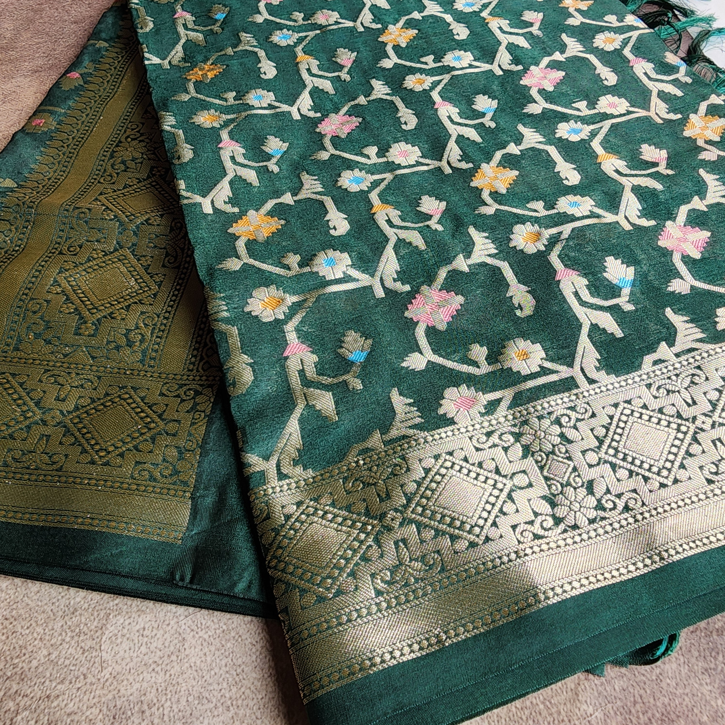 Golden Grid Banarasi Silk Dupatta with Meenakari Work in Dark Bottle Green