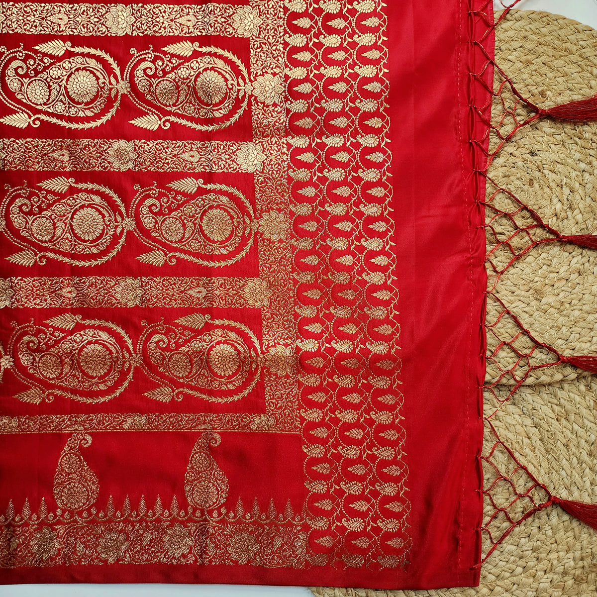 Red Paisley Katan Silk Saree with Gold Zari