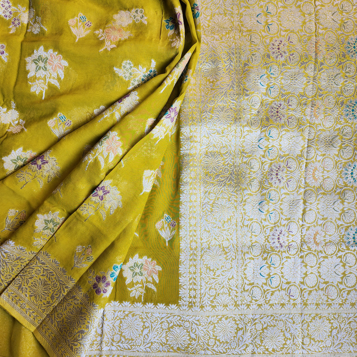Yellowish Green Muslin Silk Saree with Floral Weave