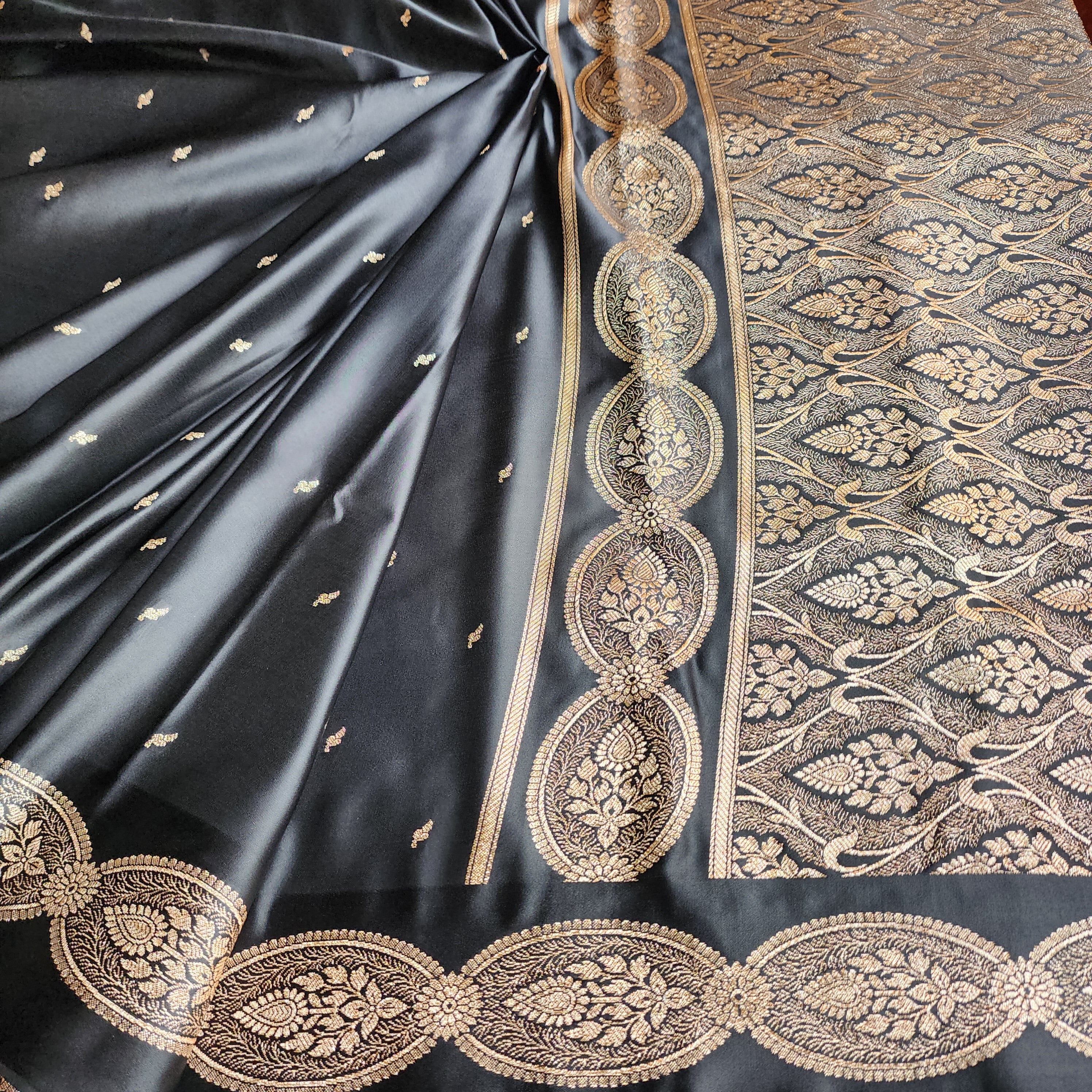 Black Pure Banarasi Katan Silk Saree with Gold Zari Weaving