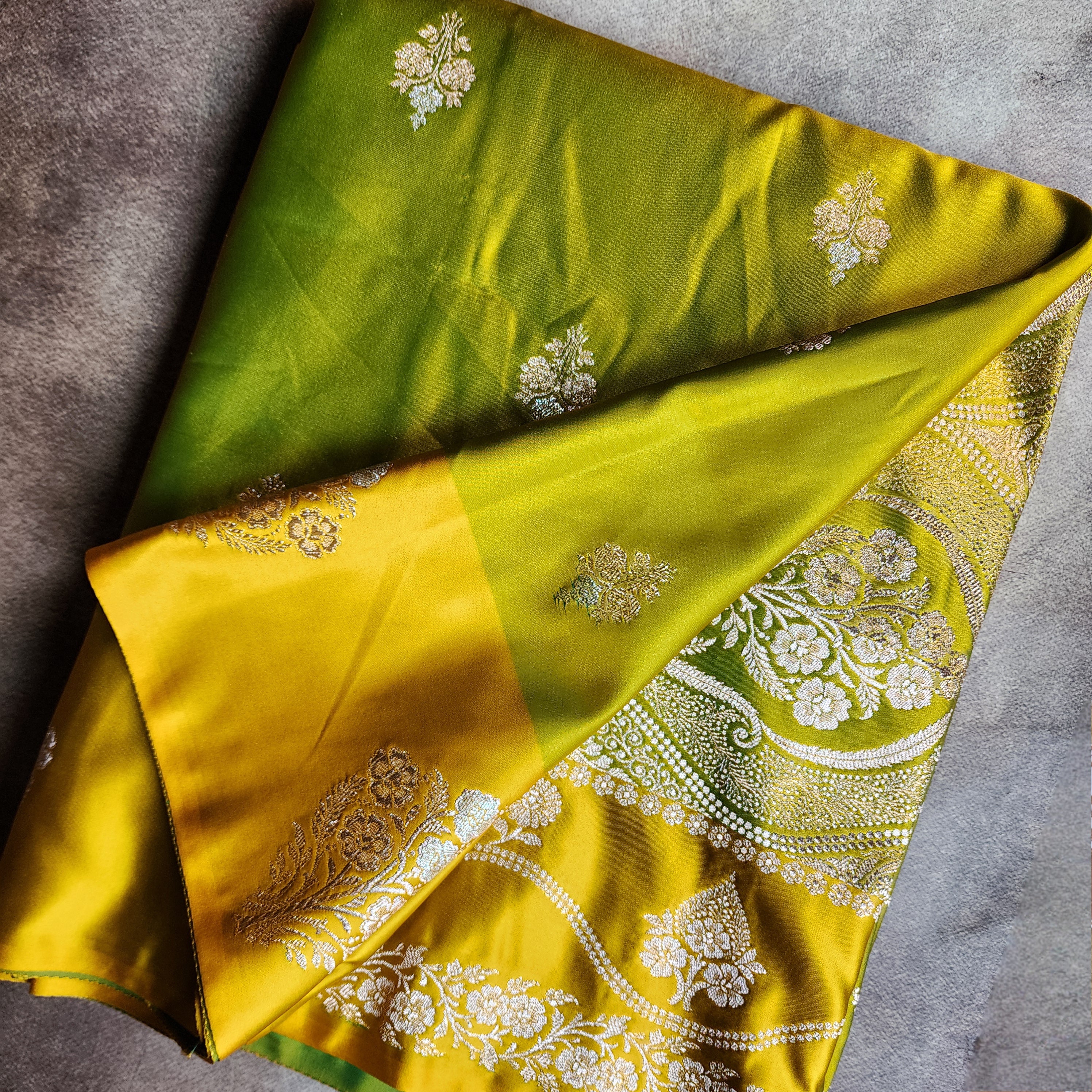 Dual-Tone Parrot Green & Yellow Pure Banarasi Katan Silk Saree