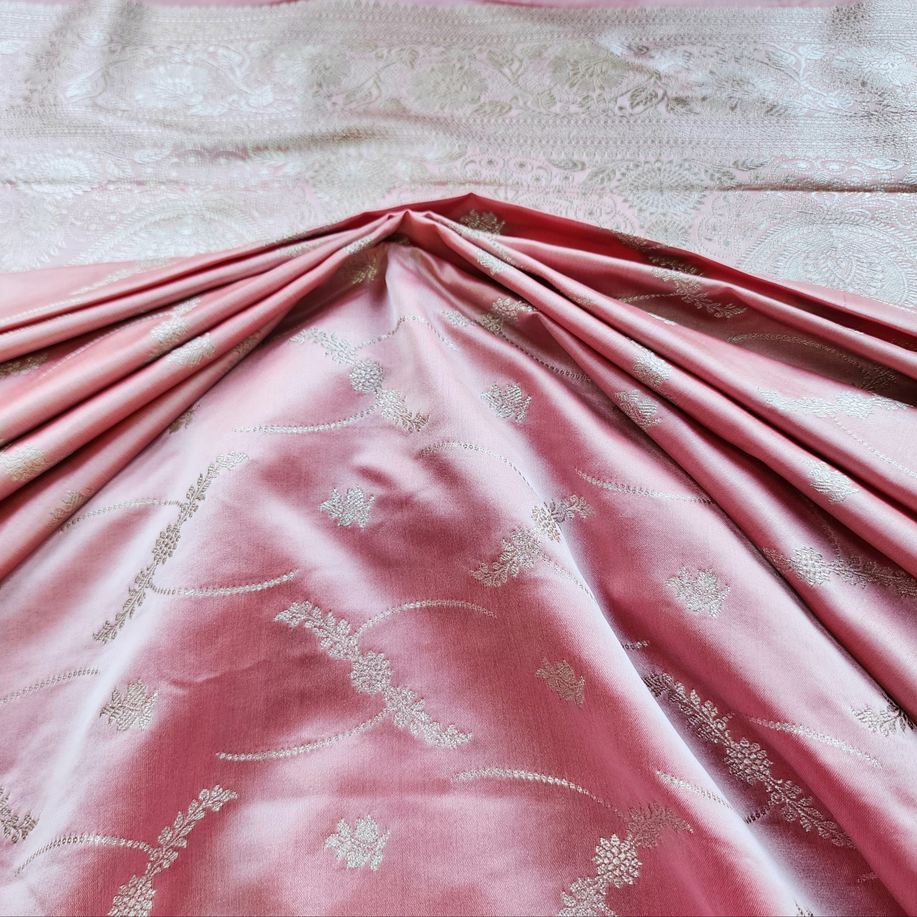 Pastel Baby Pink Banarasi Katan Silk Saree with Light Gold Zari weaving