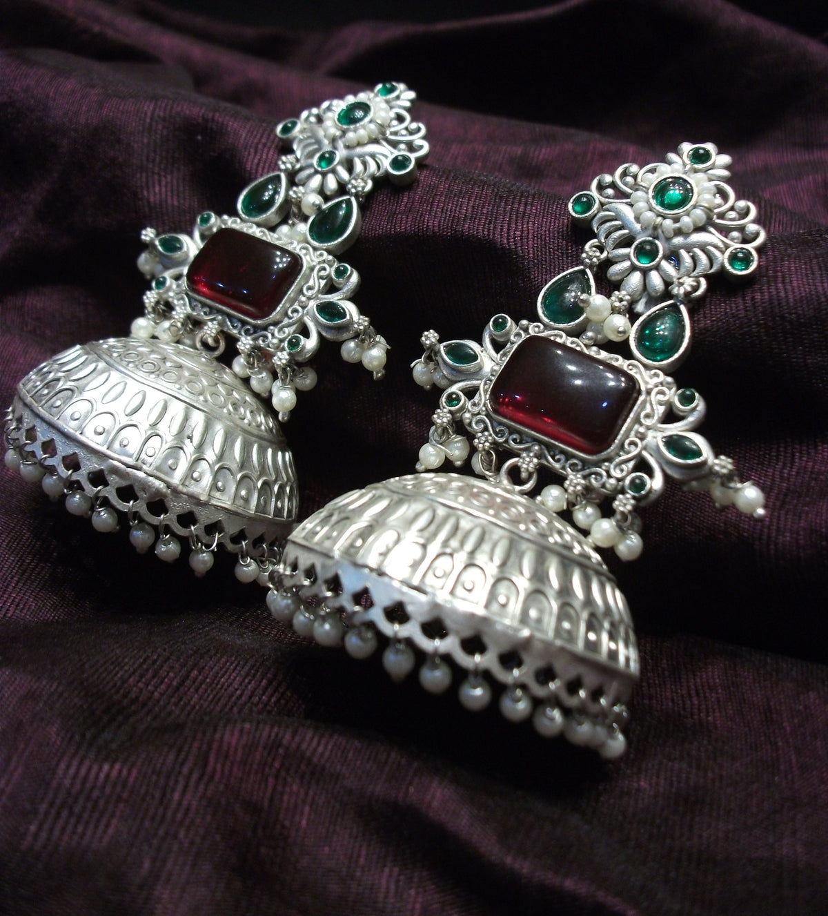 Antique Rectangular Maroon Red Cabochon Jhumka Earrings