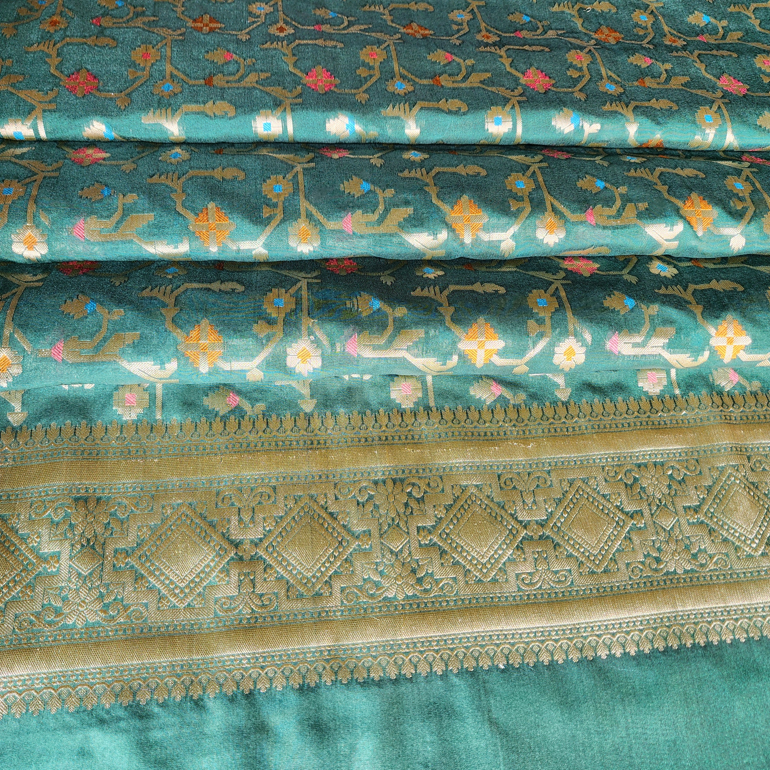 Golden Grid Banarasi Silk Dupatta with Meenakari Work in Dark Bottle Green