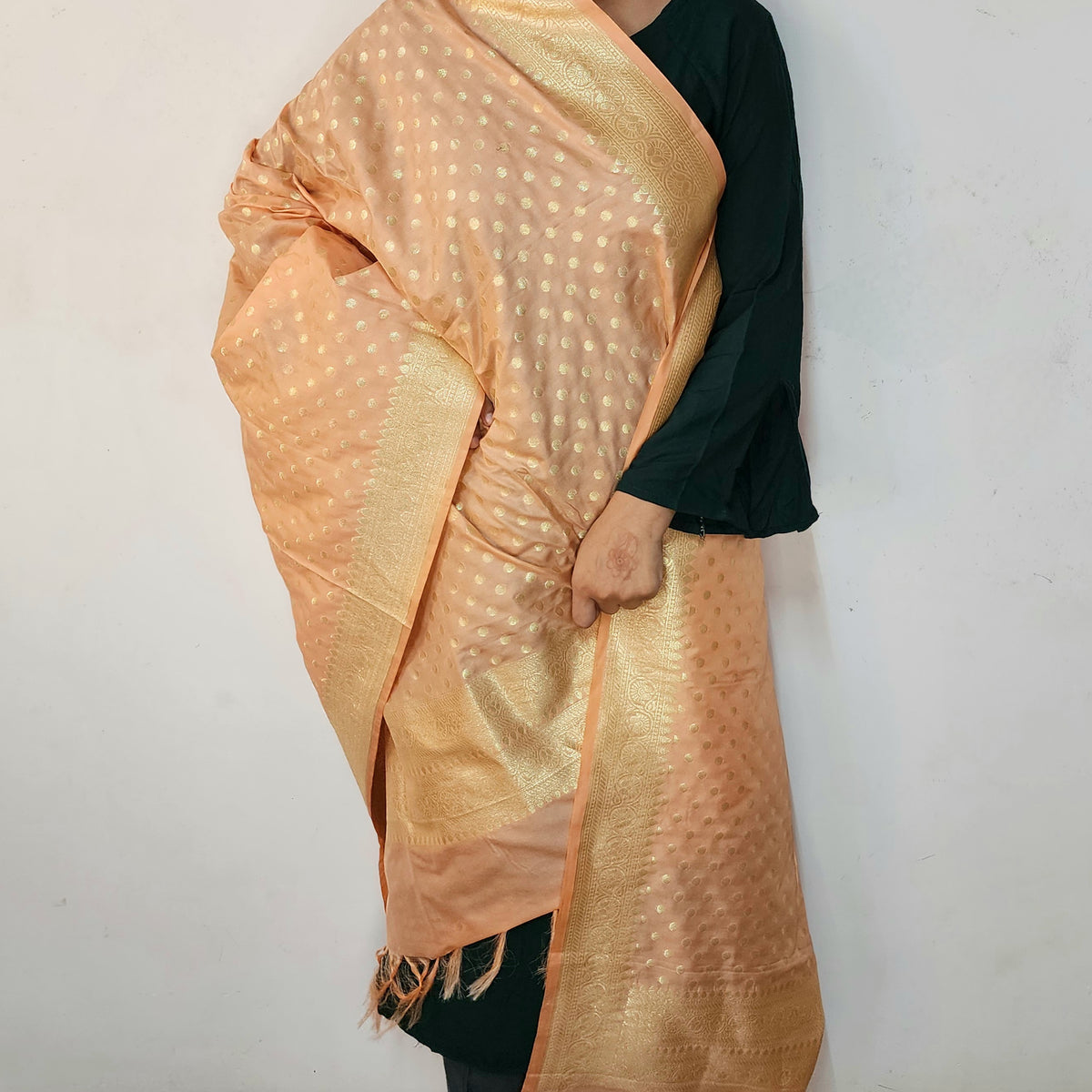 Peach Banarasi Silk Dupatta with Gold Polka Dot