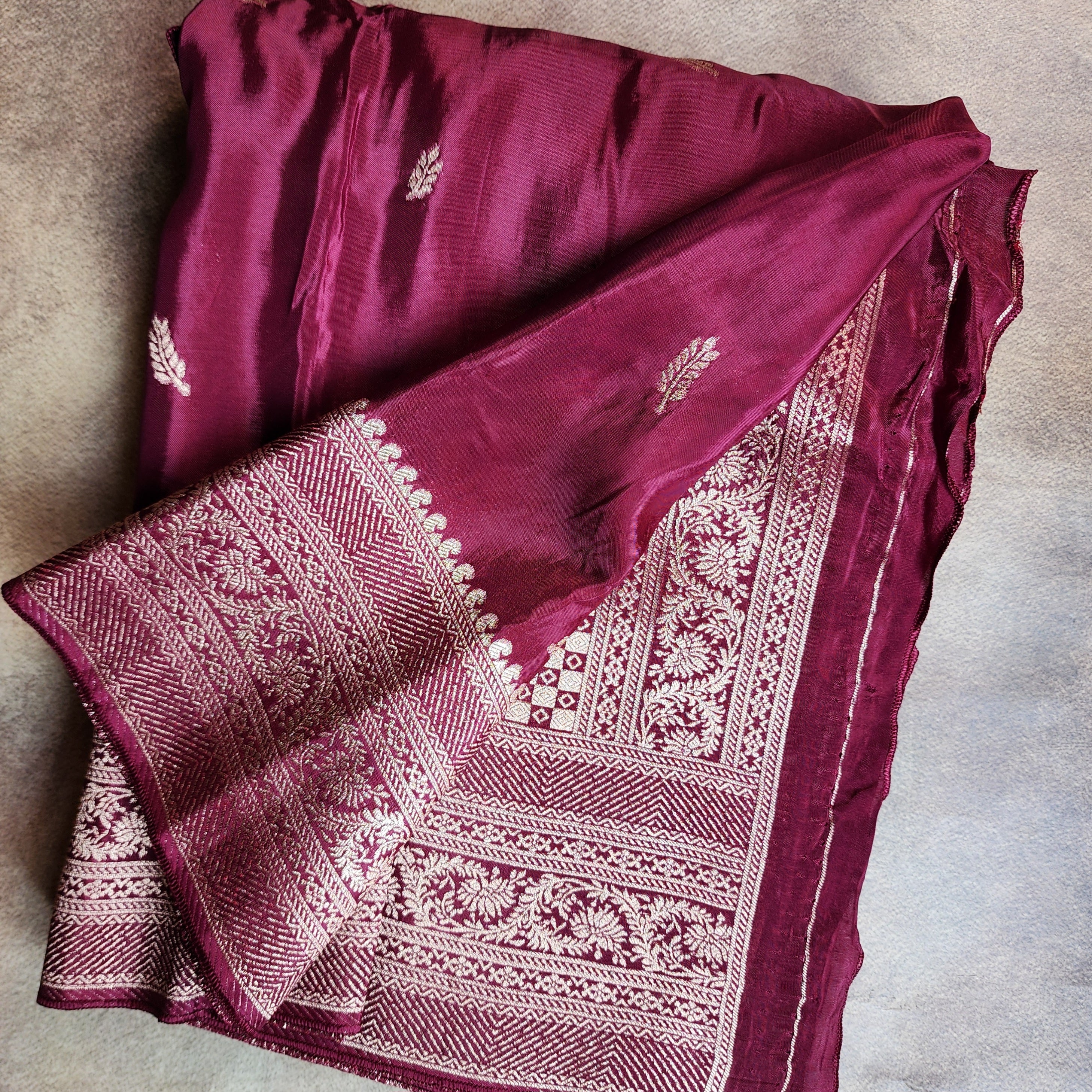 Wine Pure Crepe Silk Saree with Silver Zari Border