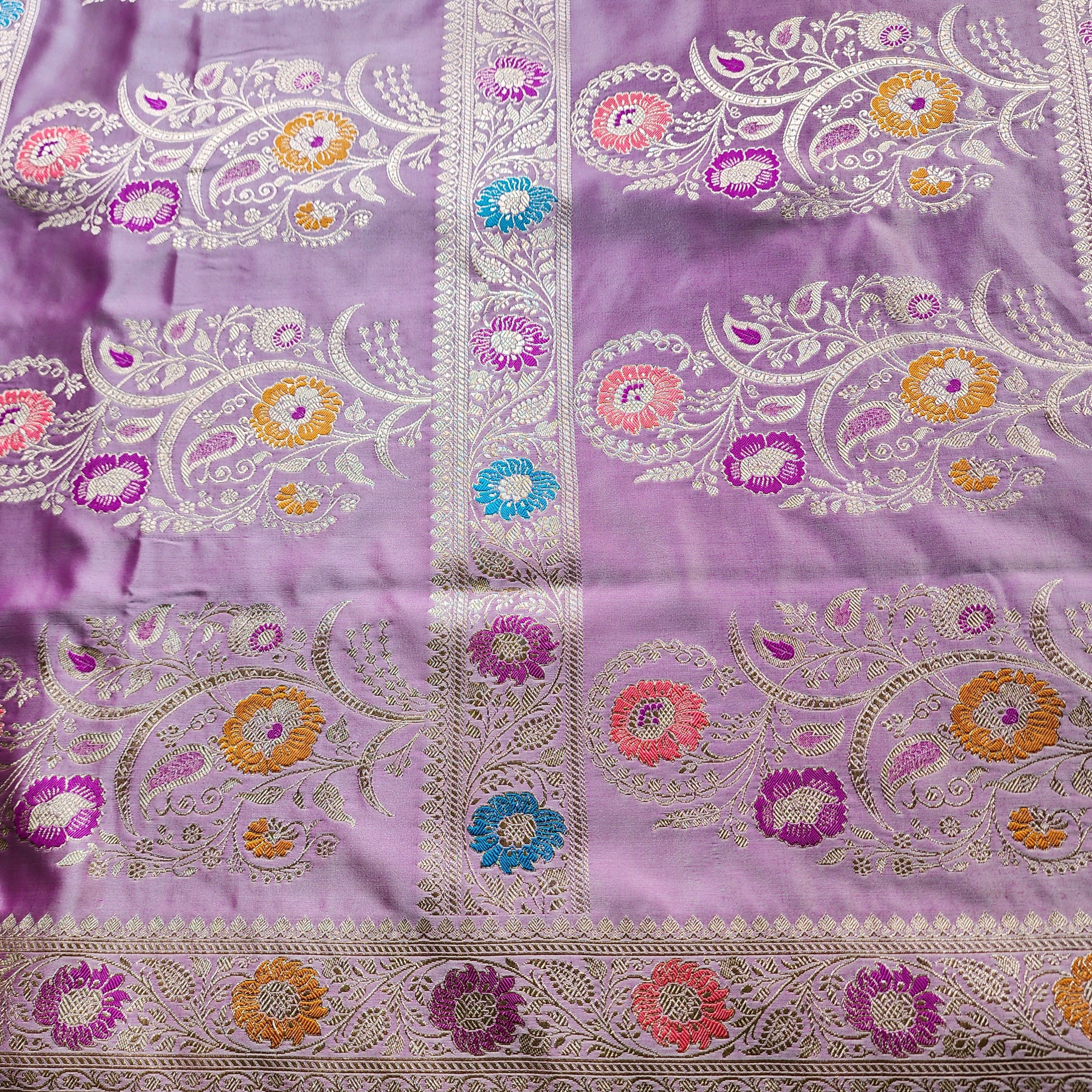 Enriched Banarasi Katan Silk Saree | Soft Lavender Pink Multicolor Meenakari Floral Jaal