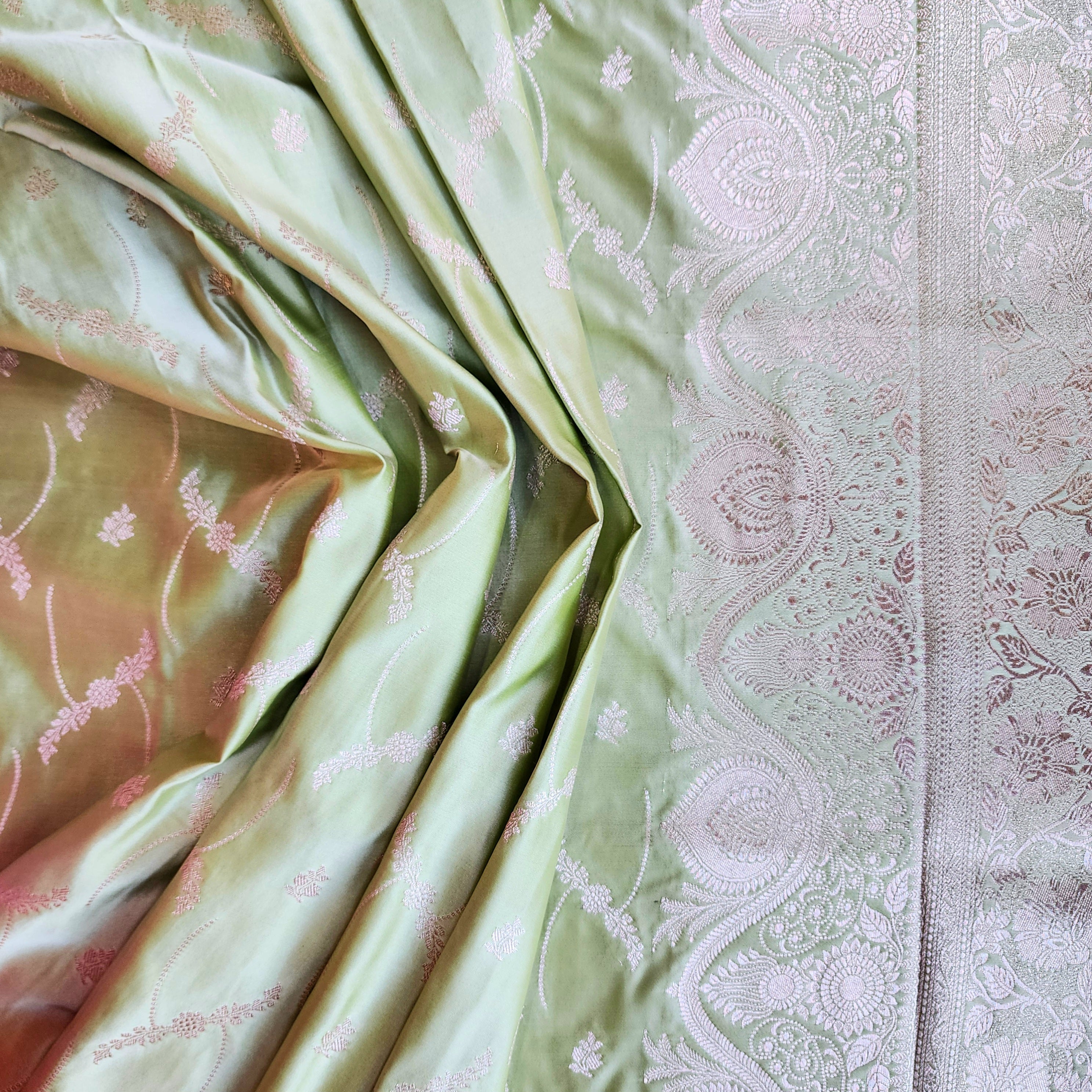 Pastel Sage Green Banarasi Katan Silk Saree with Light Gold Zari weaving