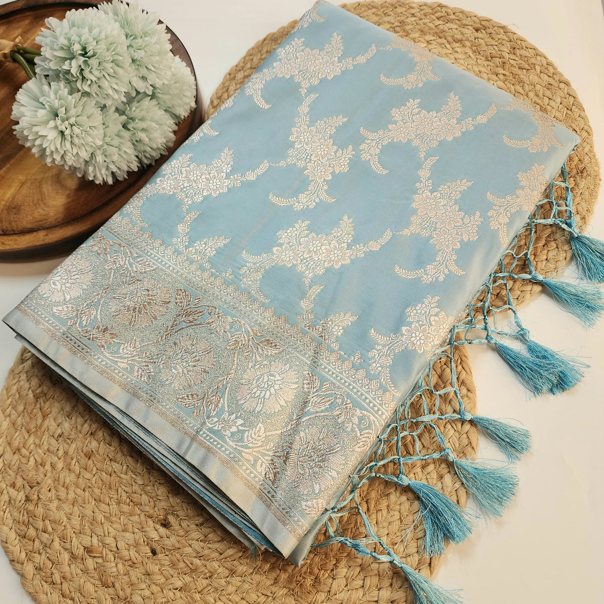 Powder Blue Banarasi Katan Silk Saree with Floral Vine Jaal