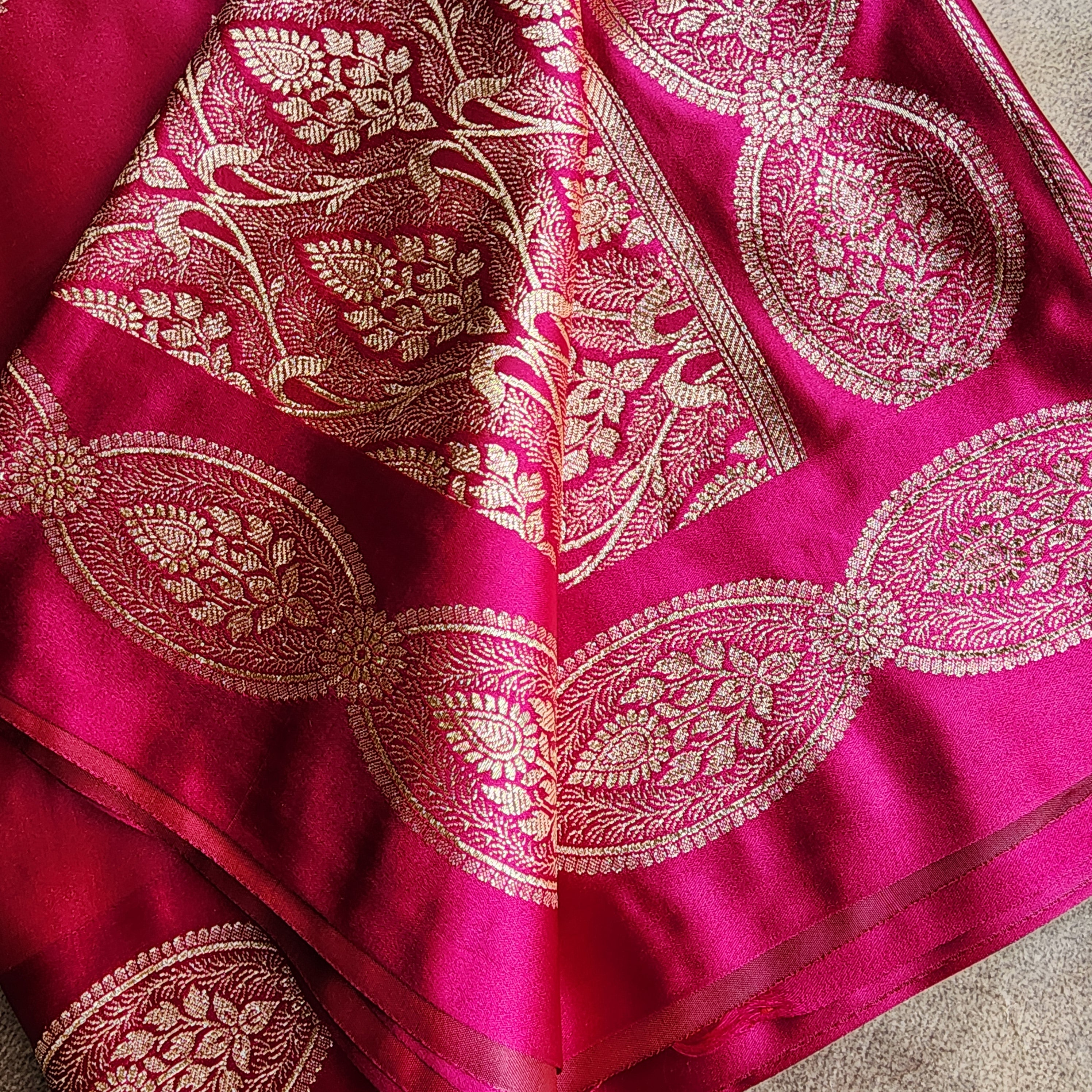 Bright Pink Pure Banarasi Katan Silk Saree with Gold Zari Weaving