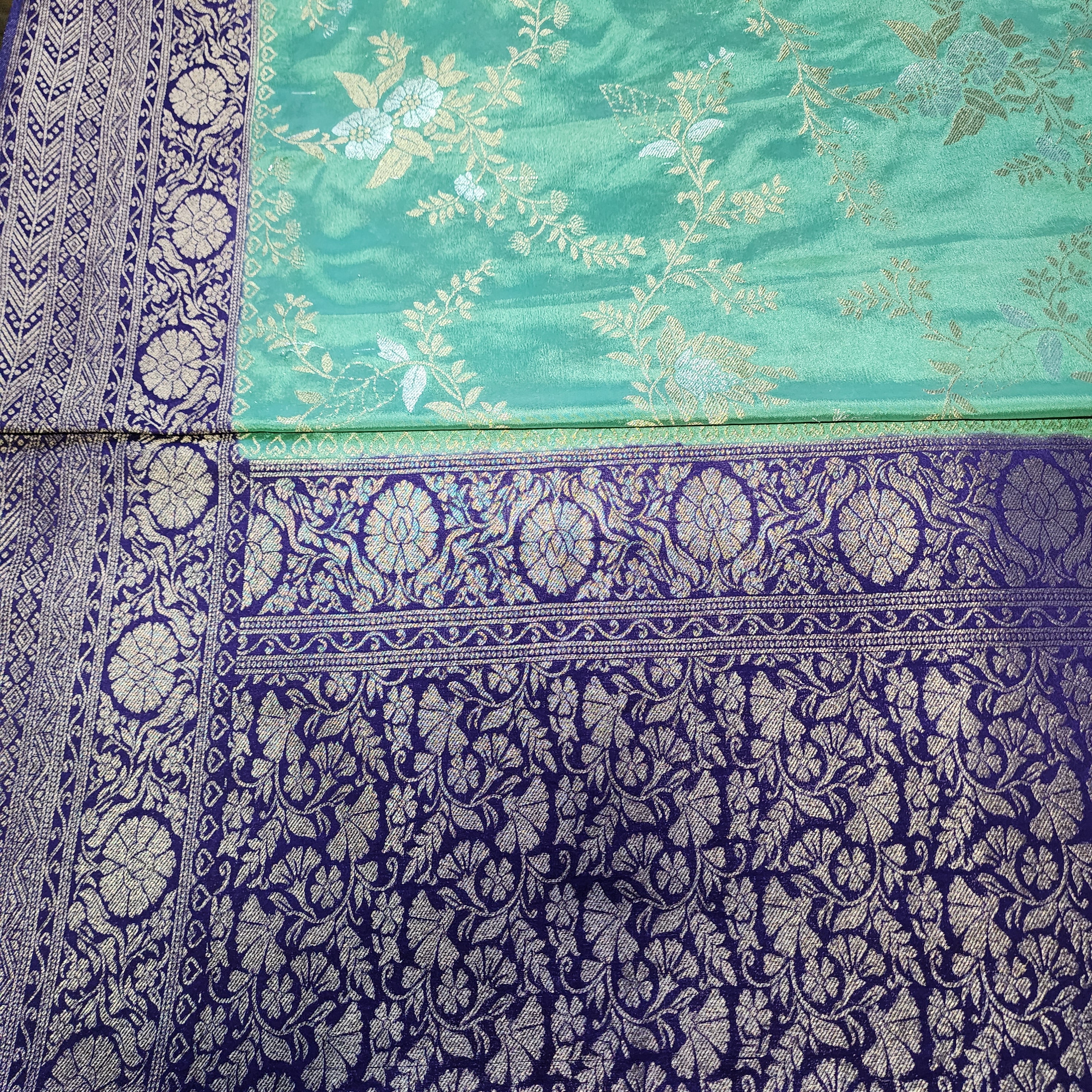 Mint Green Crepe Chiffon Saree with Violet Border