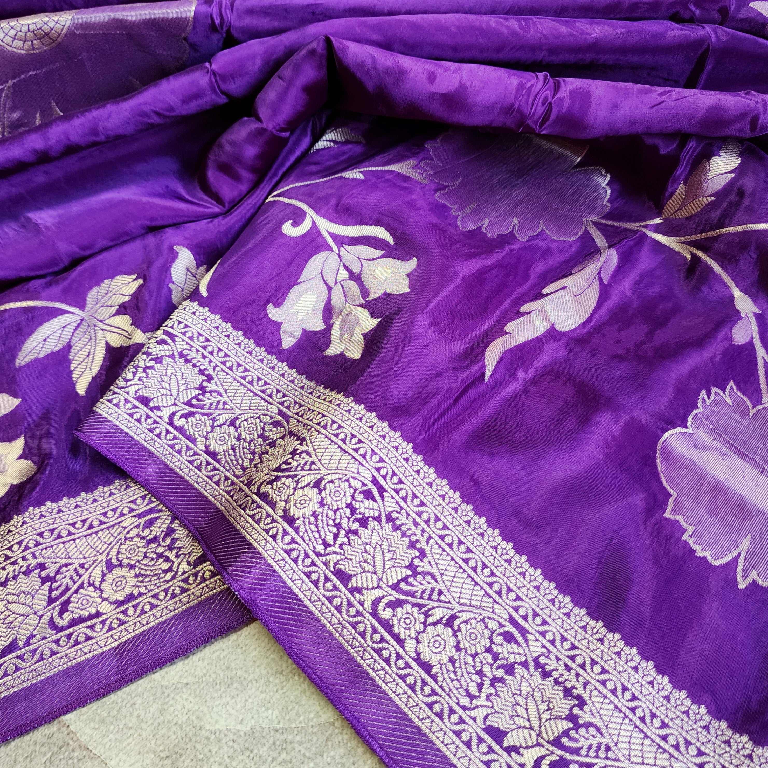Plum Purple Muslin Silk Saree with Floral Weave