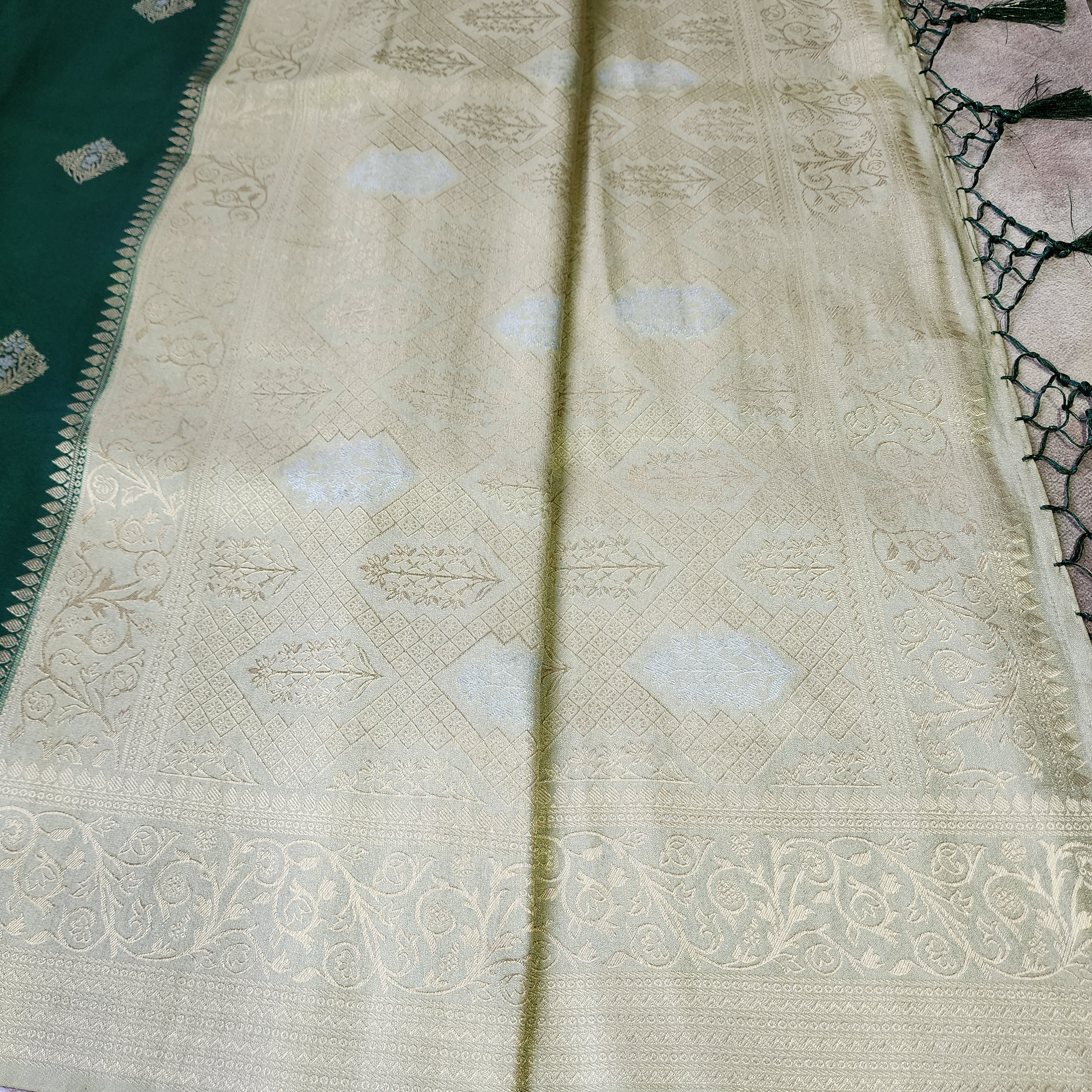 Bottle Green Crepe Georgette Silk Saree with Soft Champagne Gold Zari Border