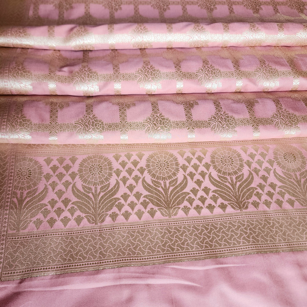 Rose Pink Banarasi Dupatta - Golden Lattice Weave