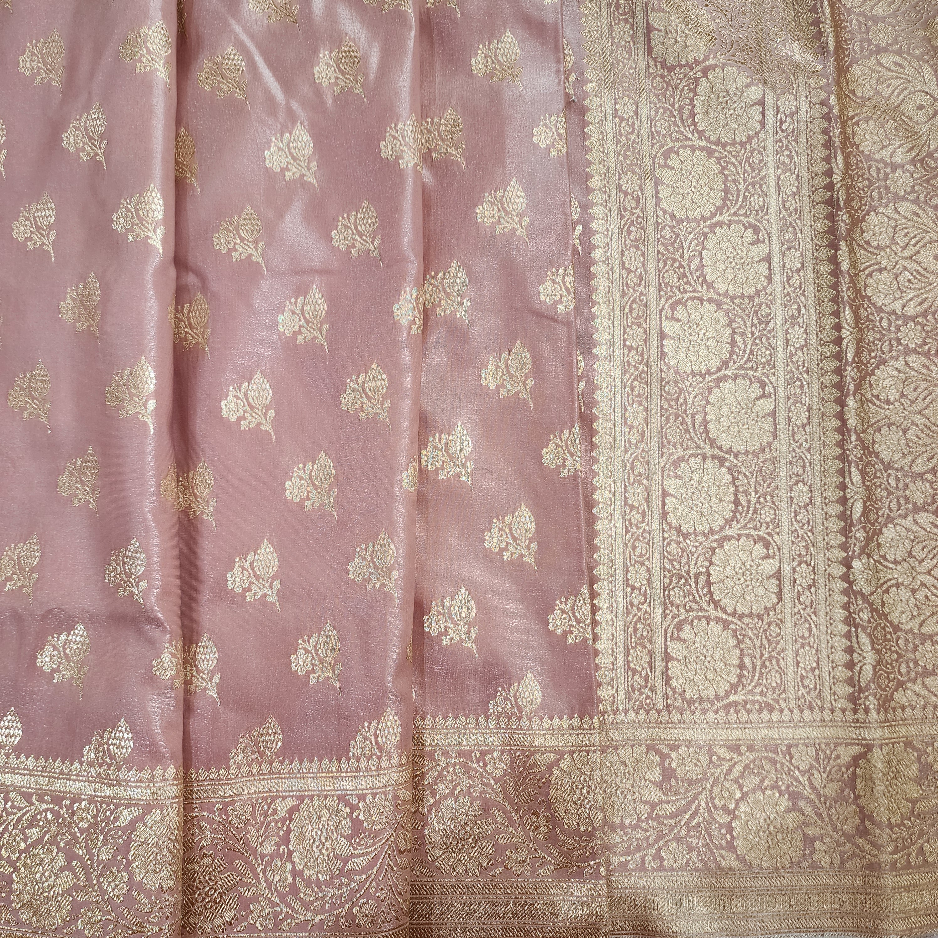 Rich Rose Blush Pink Banarasi Silk Saree with Gold Zari Weaving