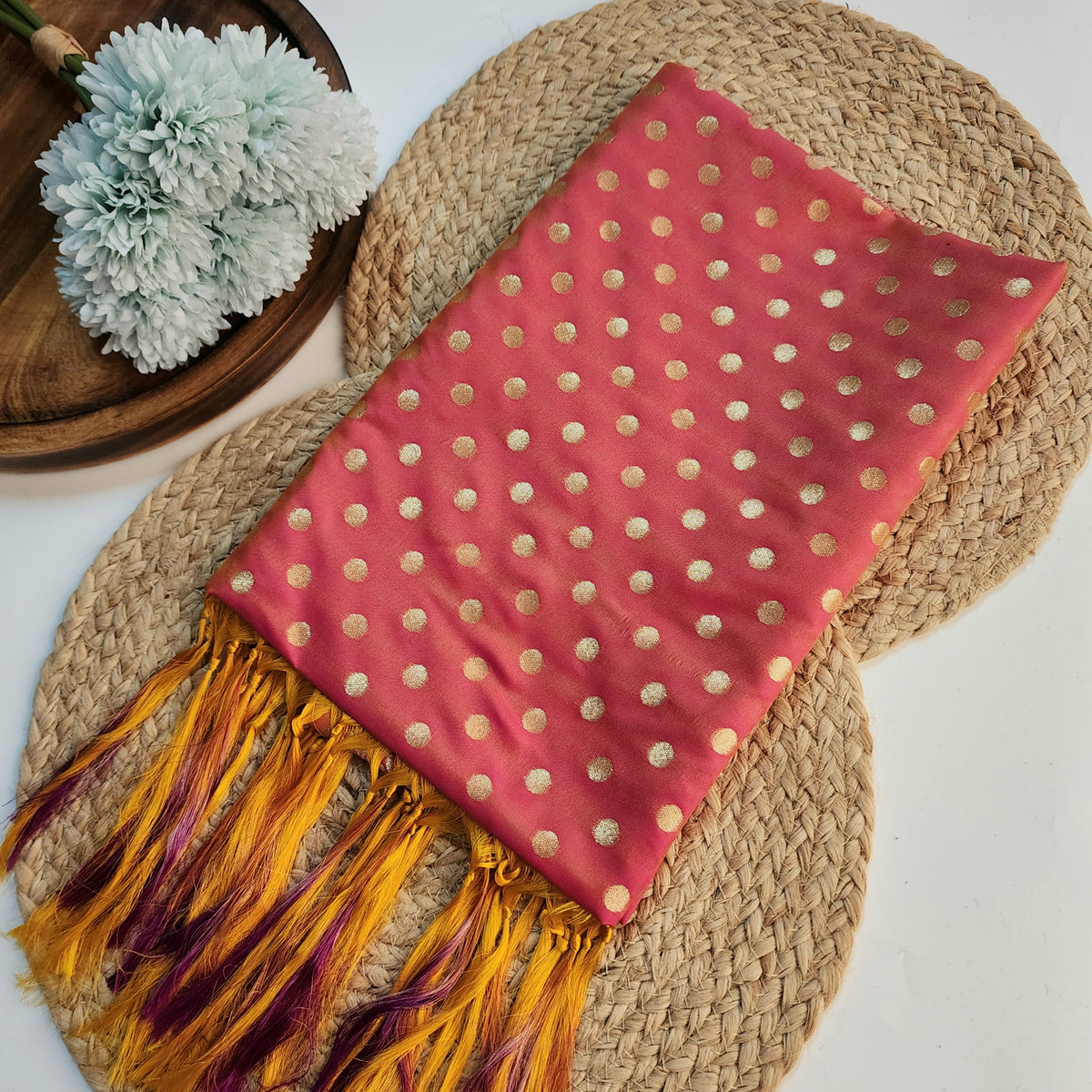 Coral Red Banarasi Silk Dupatta with Gold Polka Dot