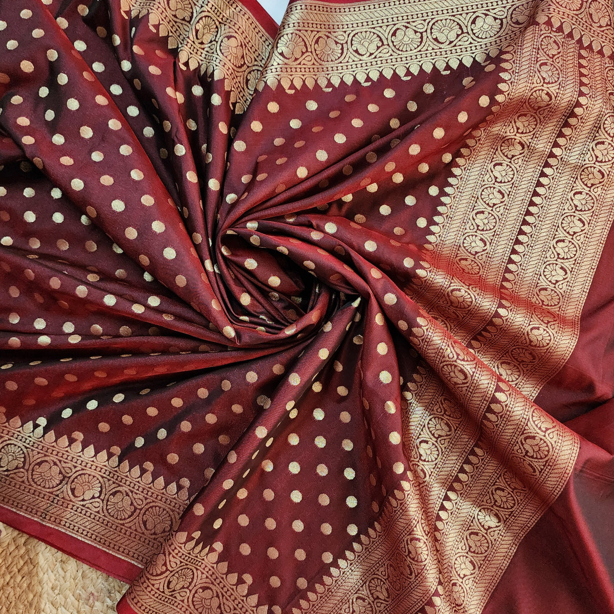 Burgundy Banarasi Silk Dupatta with Gold Polka Dot