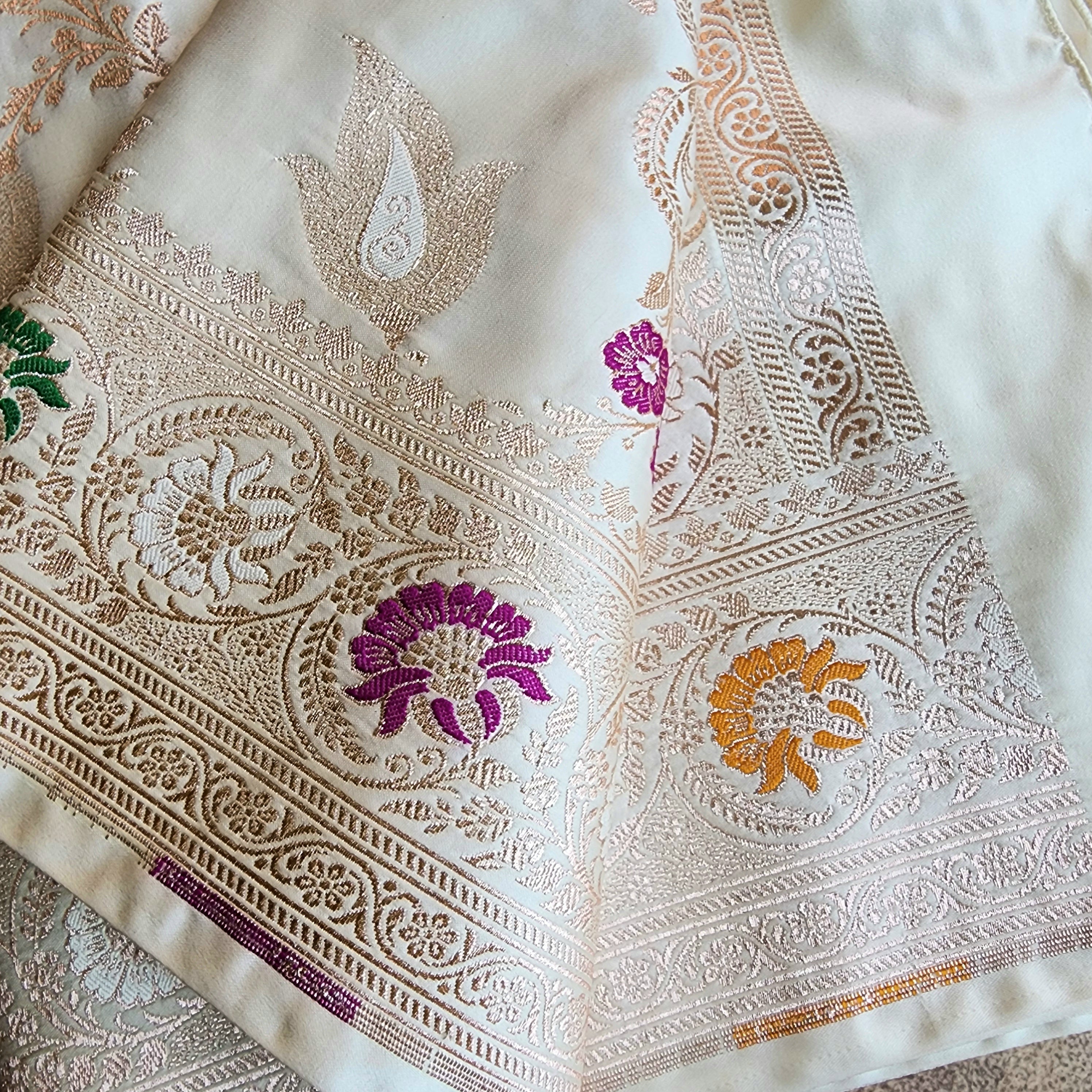Enriched White Banarasi Katan Silk Saree with Multicolor Meenakari Floral Jaal