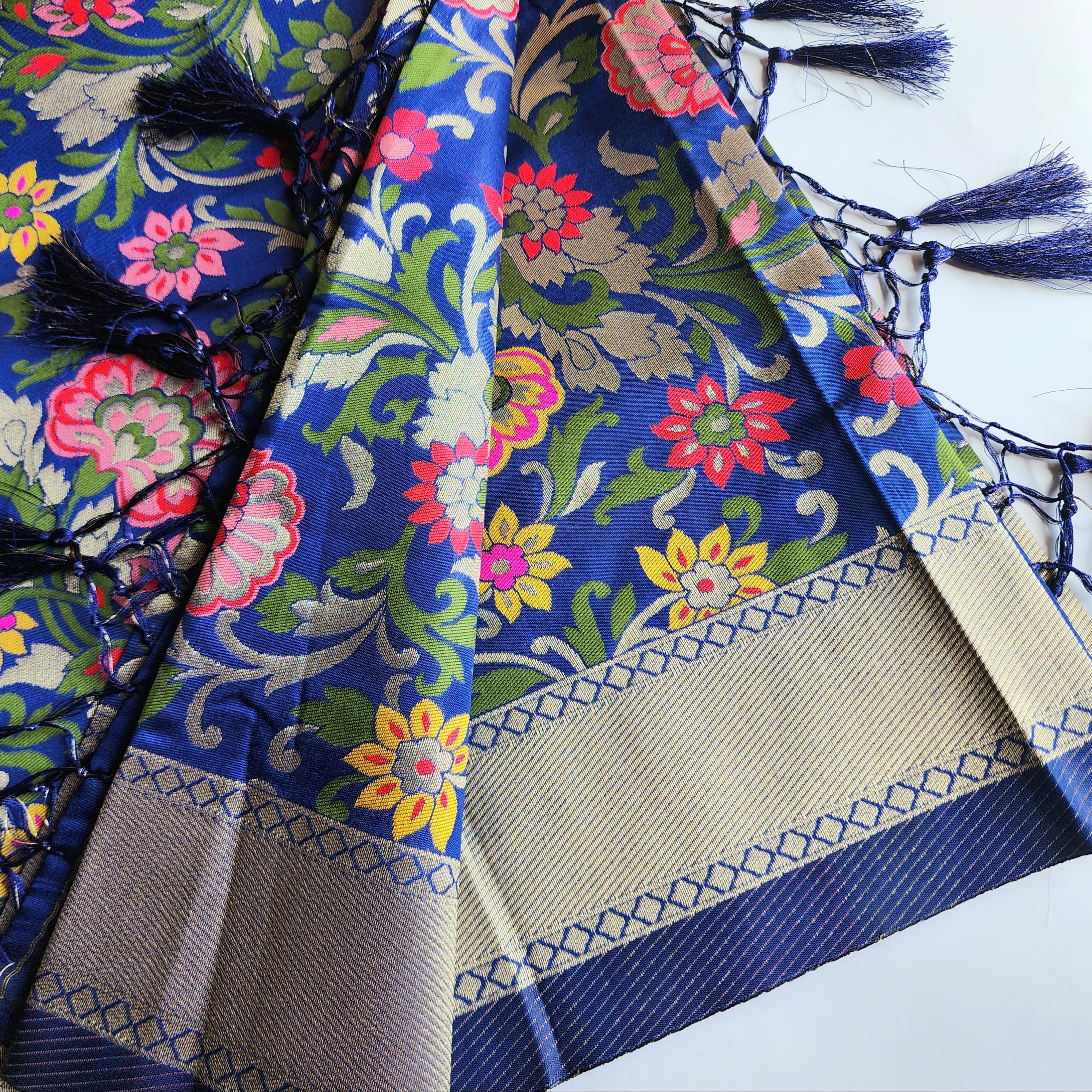 Banarasi Silk Navy Blue Dupatta with Multicolor & Gold Floral Handweaving