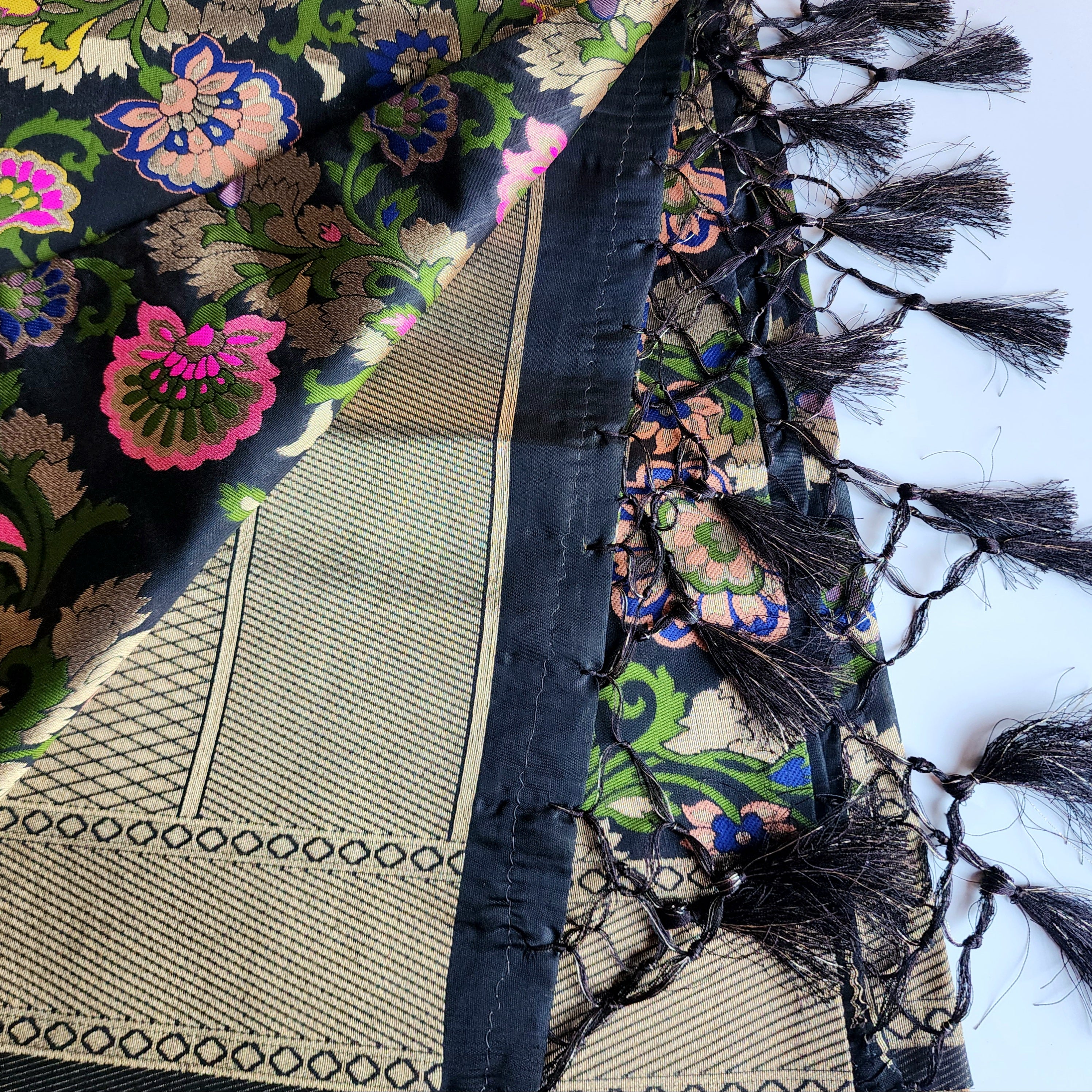 Banarasi Black Dupatta with Multicolor & Gold Floral Handweaving