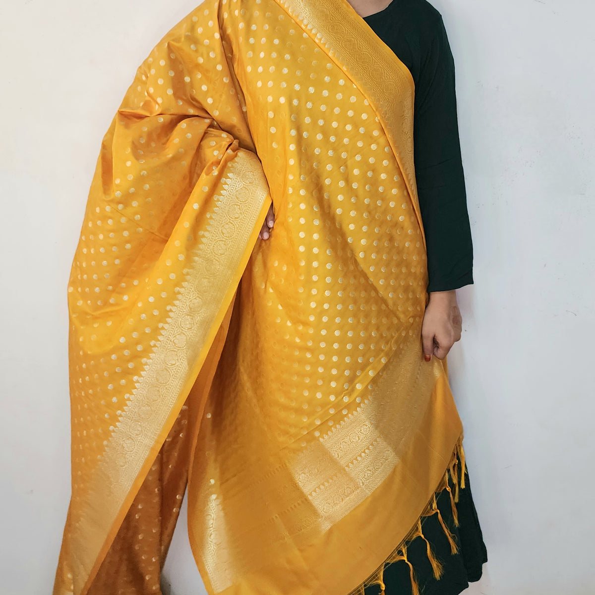 Mustard Yellow Banarasi Silk Dupatta with Gold Polka Dot