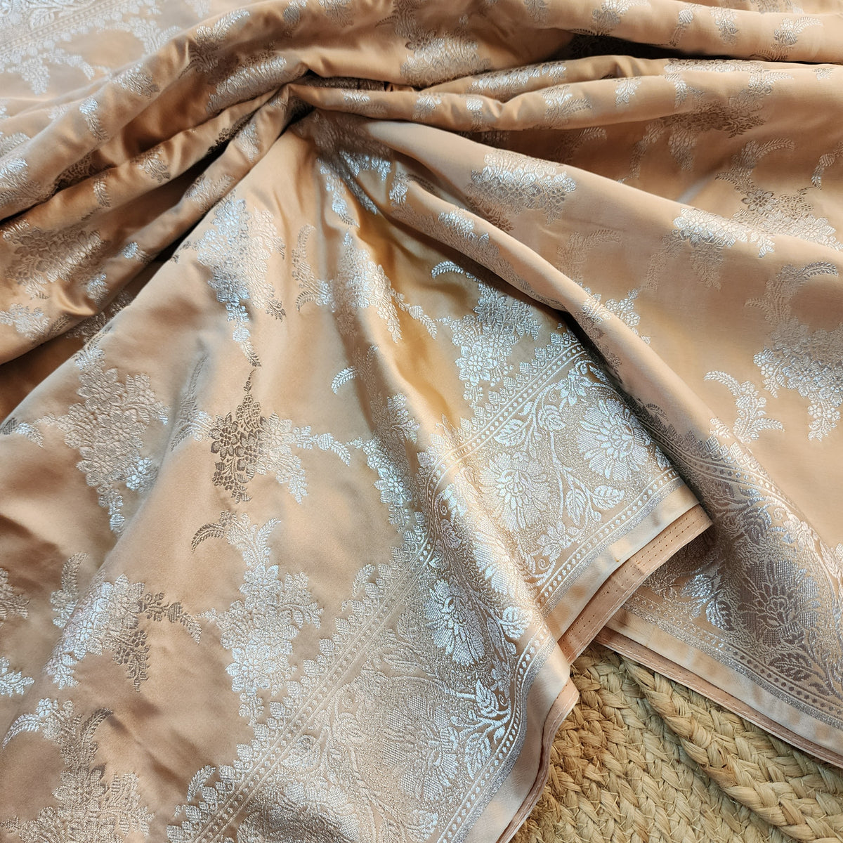 Peach Beige Banarasi Katan Silk Saree with Floral Vine Jaal