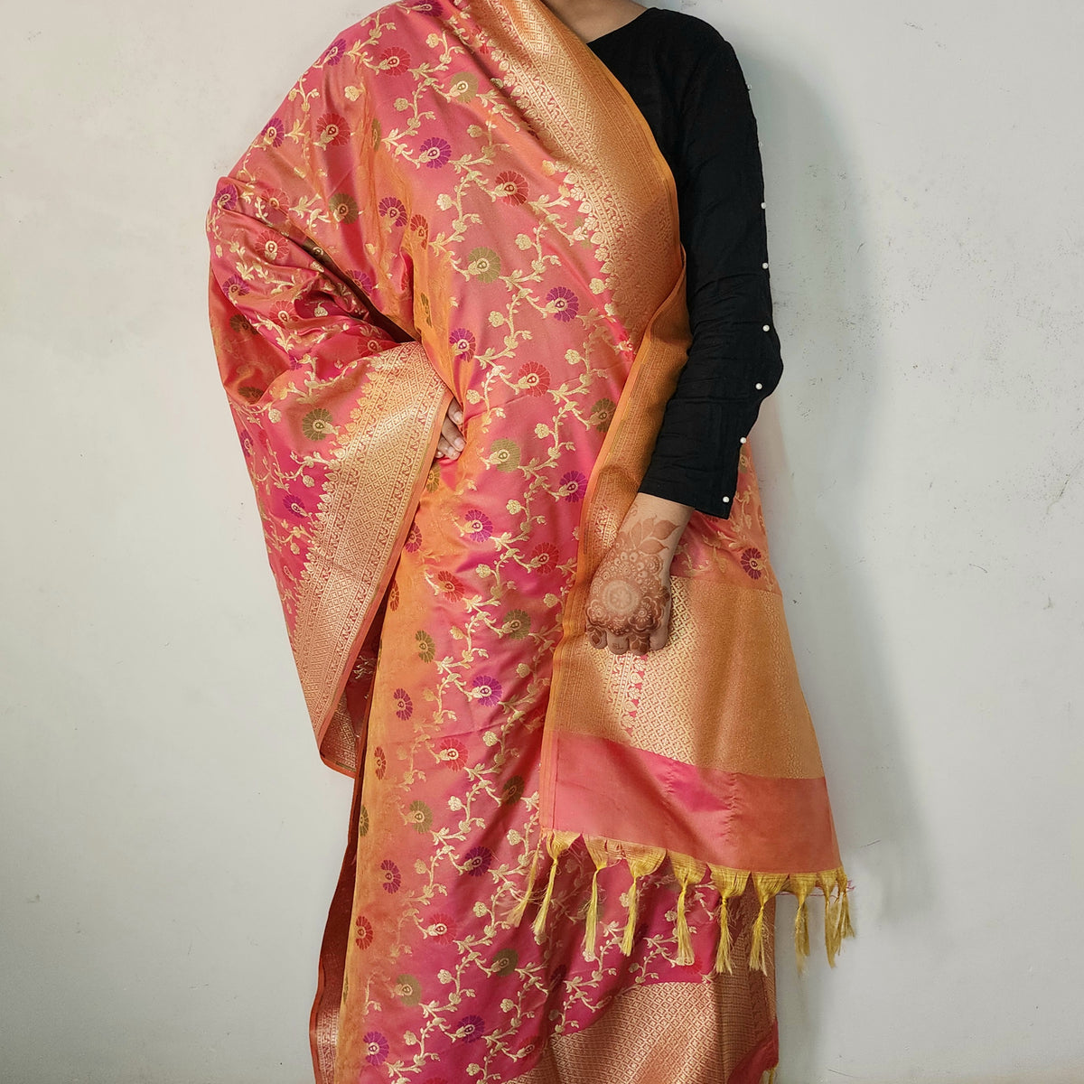 Banarasi Silk Floral Jaal Dupatta - Terracotta Rose