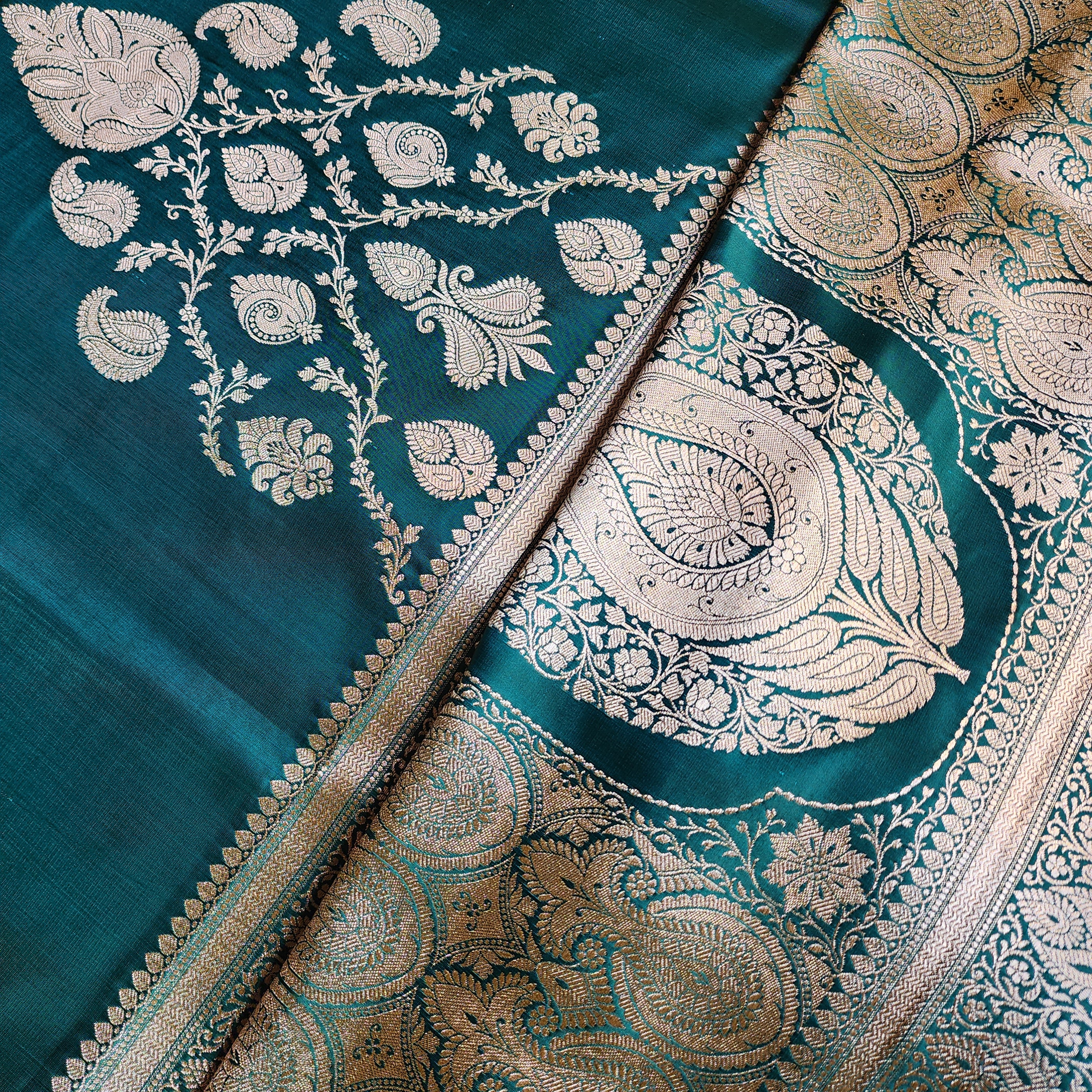 Dhoop Chhaon Teal Green Banarasi Katan Silk Saree