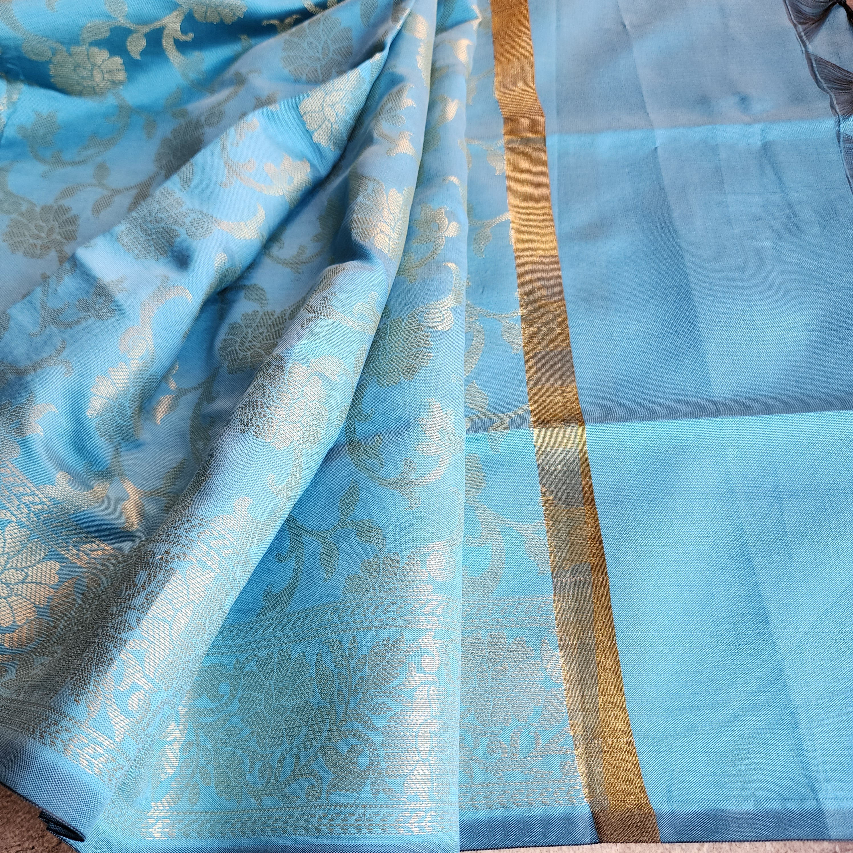 Aqua Blue Banarasi Tapetta Silk Dupatta with Gold Floral Weave