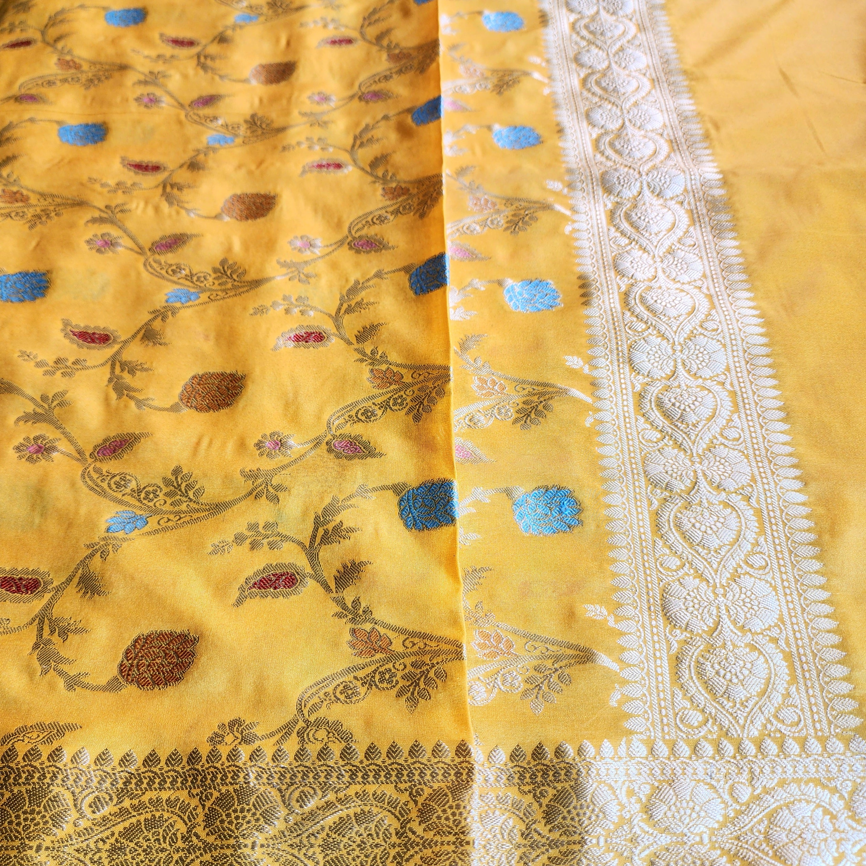 Mustard Yellow Banarasi Silk Dupatta with Gold Zari Border & Multicolor Meenakari Work