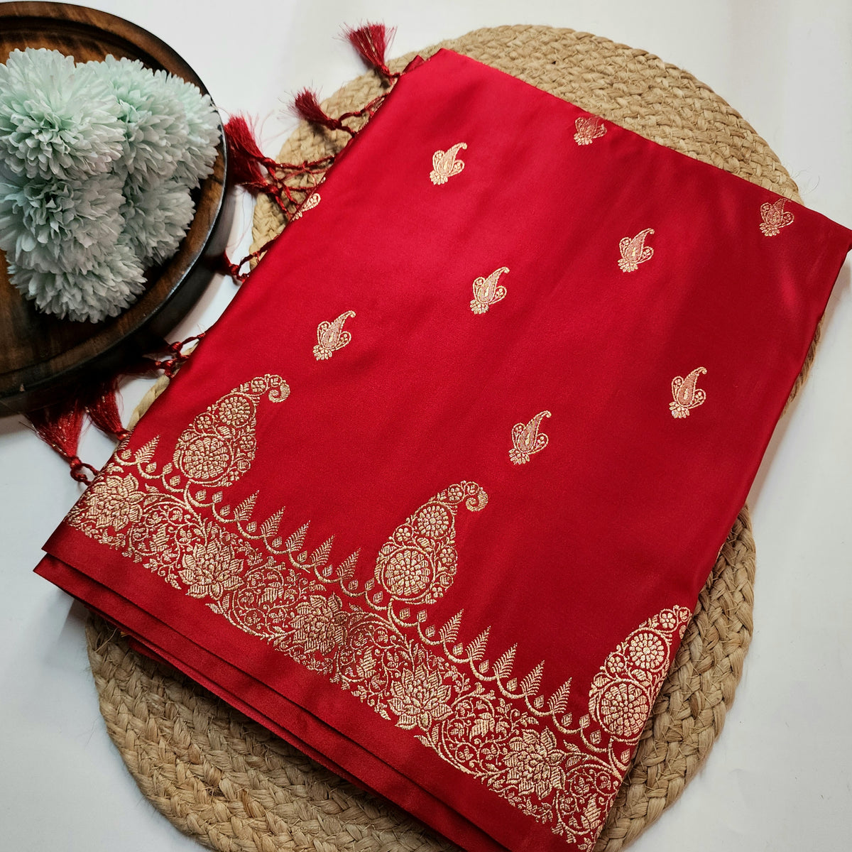 Red Paisley Katan Silk Saree with Gold Zari
