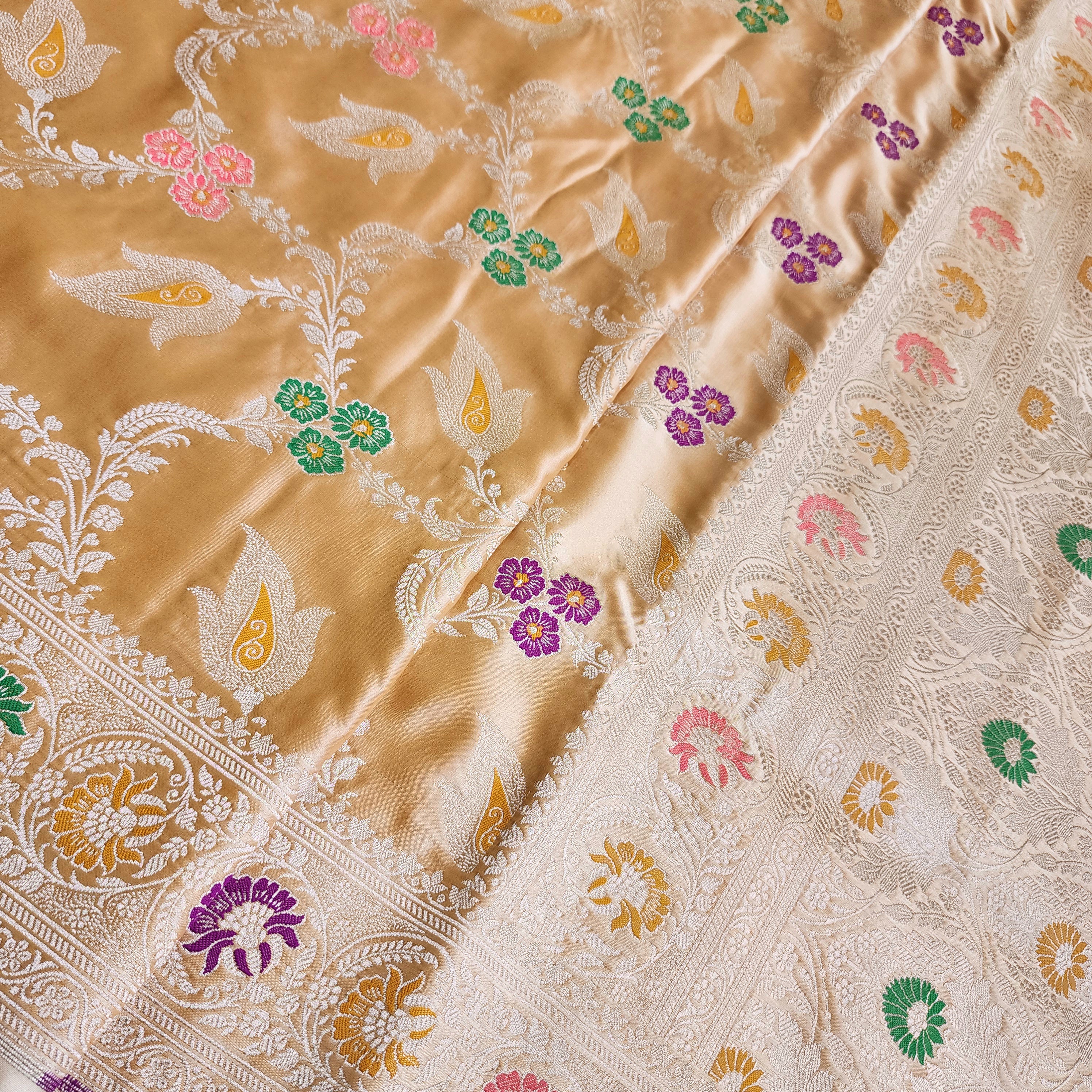 Enriched Dark Orange Banarasi Katan Silk Saree with Multicolor Meenakari Floral Jaal