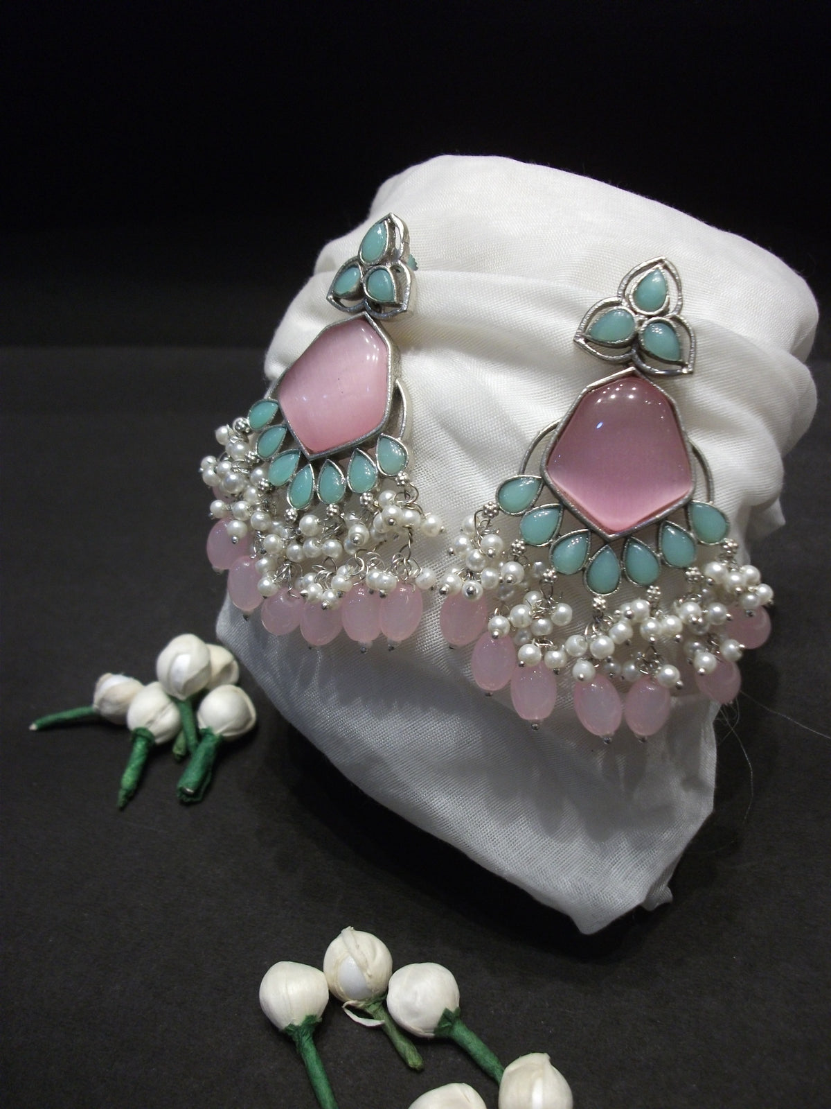 Pastel Pink & Mint Green Stone Cluster Statement Earrings with Pearl Beads