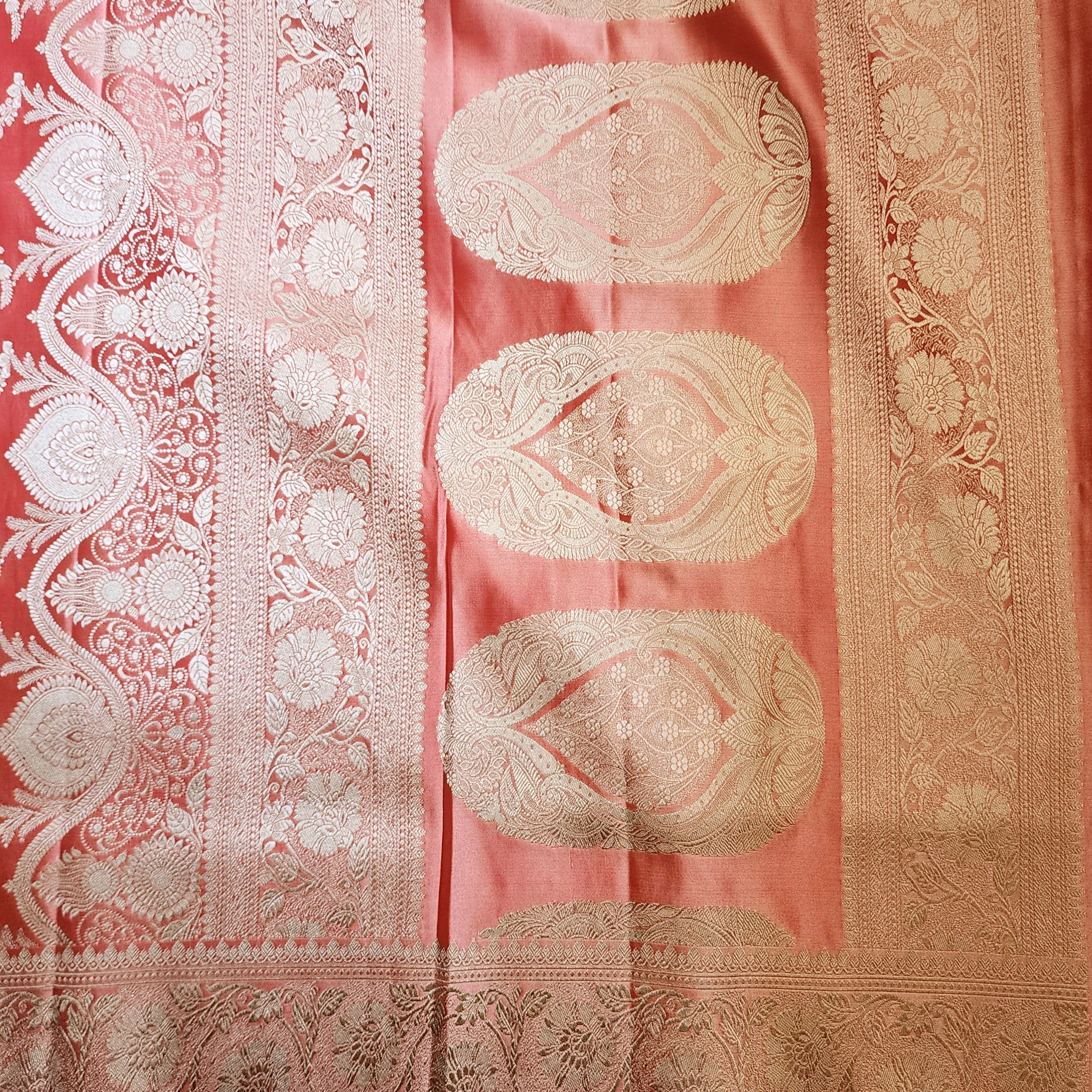Blush Coral Banarasi Katan Silk Saree with Floral Vine Jaal