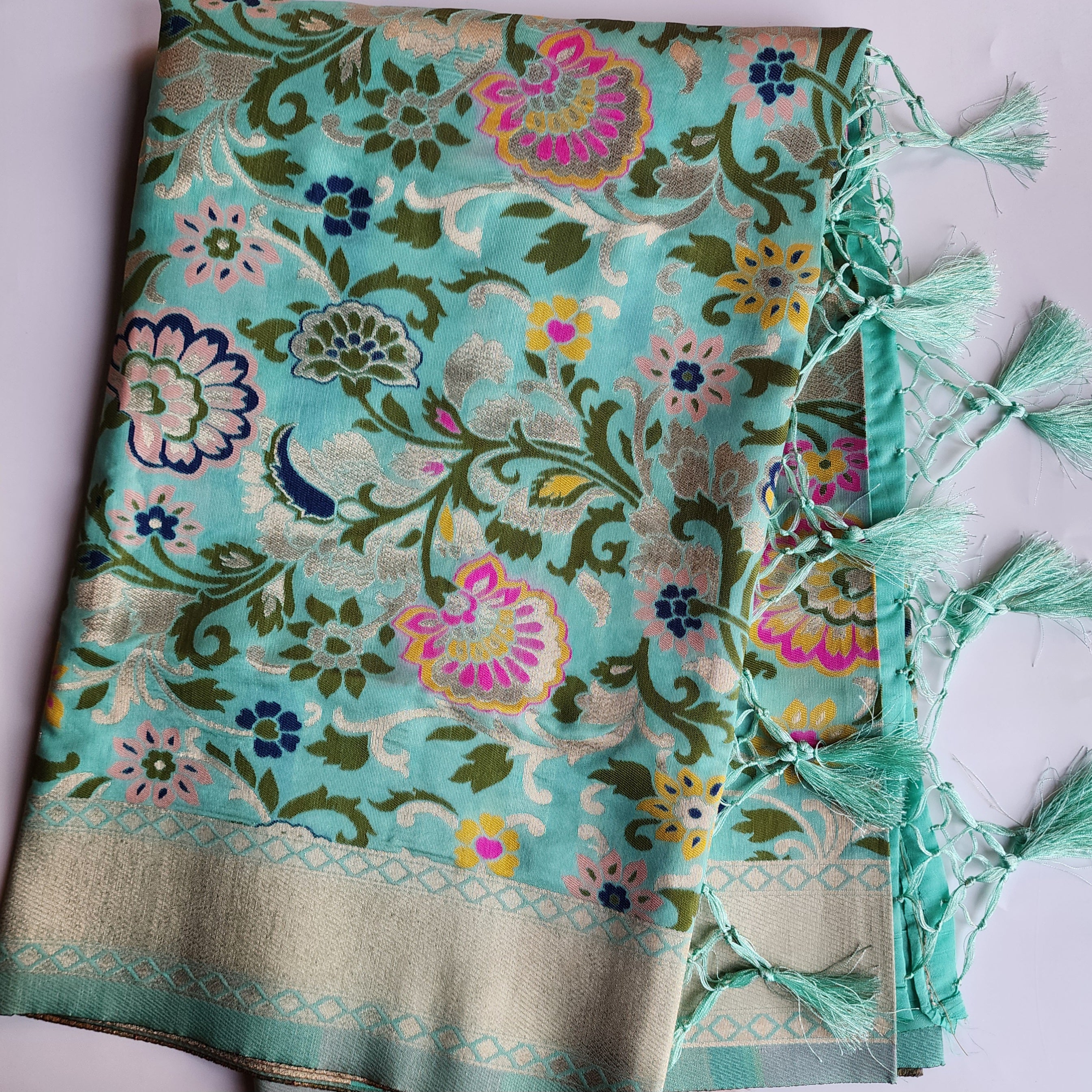 Banarasi Silk Aqua Blue Dupatta with Multicolor & Gold Floral Handweaving
